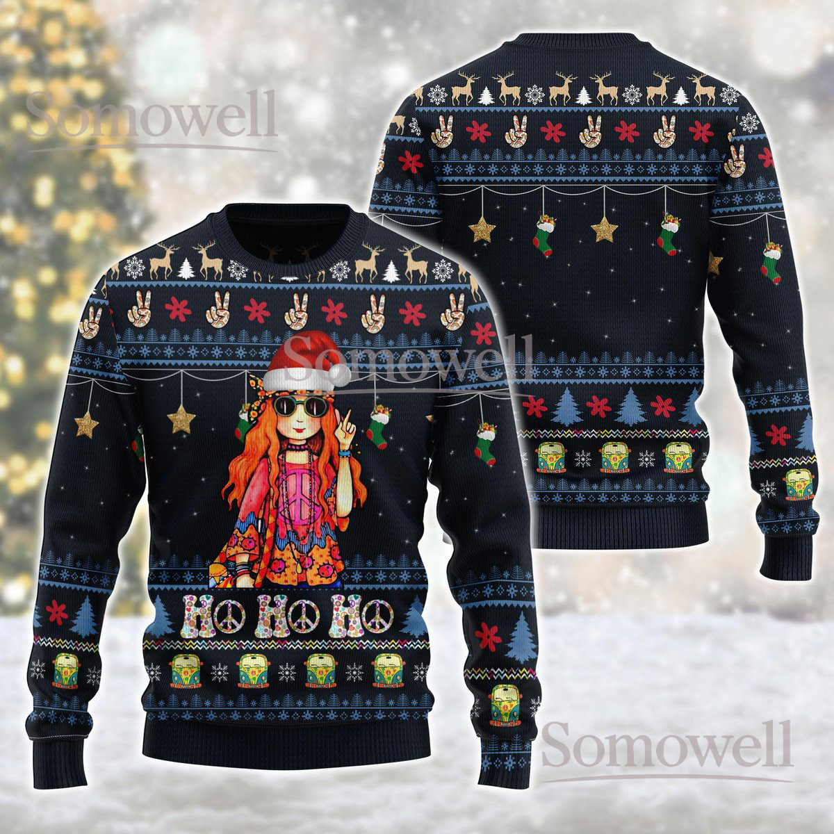 Hippie Girl Black Christmas Ugly Sweater Ho Ho Ho Holiday Knit Jumper Peace Love Retro Gift