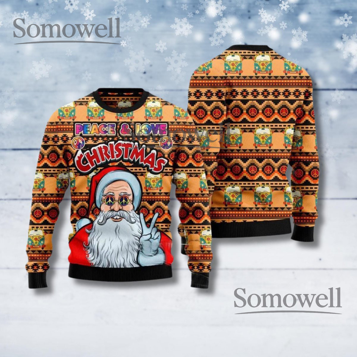 Hippie Santa Christmas Sweater Peace Love Retro Holiday Pullover