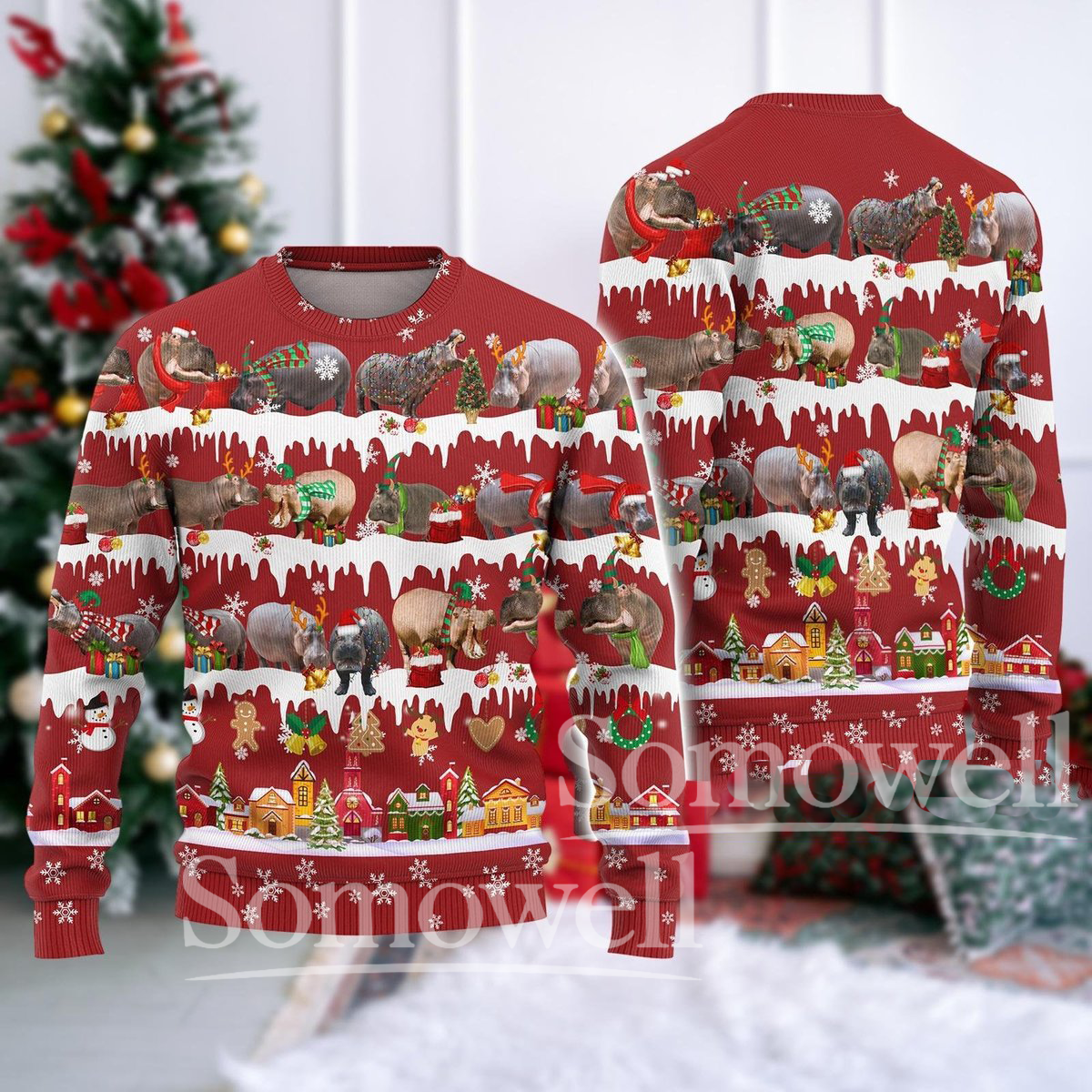 Hippo Christmas Sweater Funny Animal Ugly Holiday Knit Pullover Gift for Wildlife Lovers