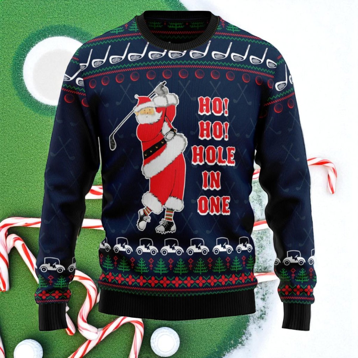 Ho Ho Hole In One Golf Santa Navy Ugly Christmas Sweater Funny Sports Holiday Knit Jumper