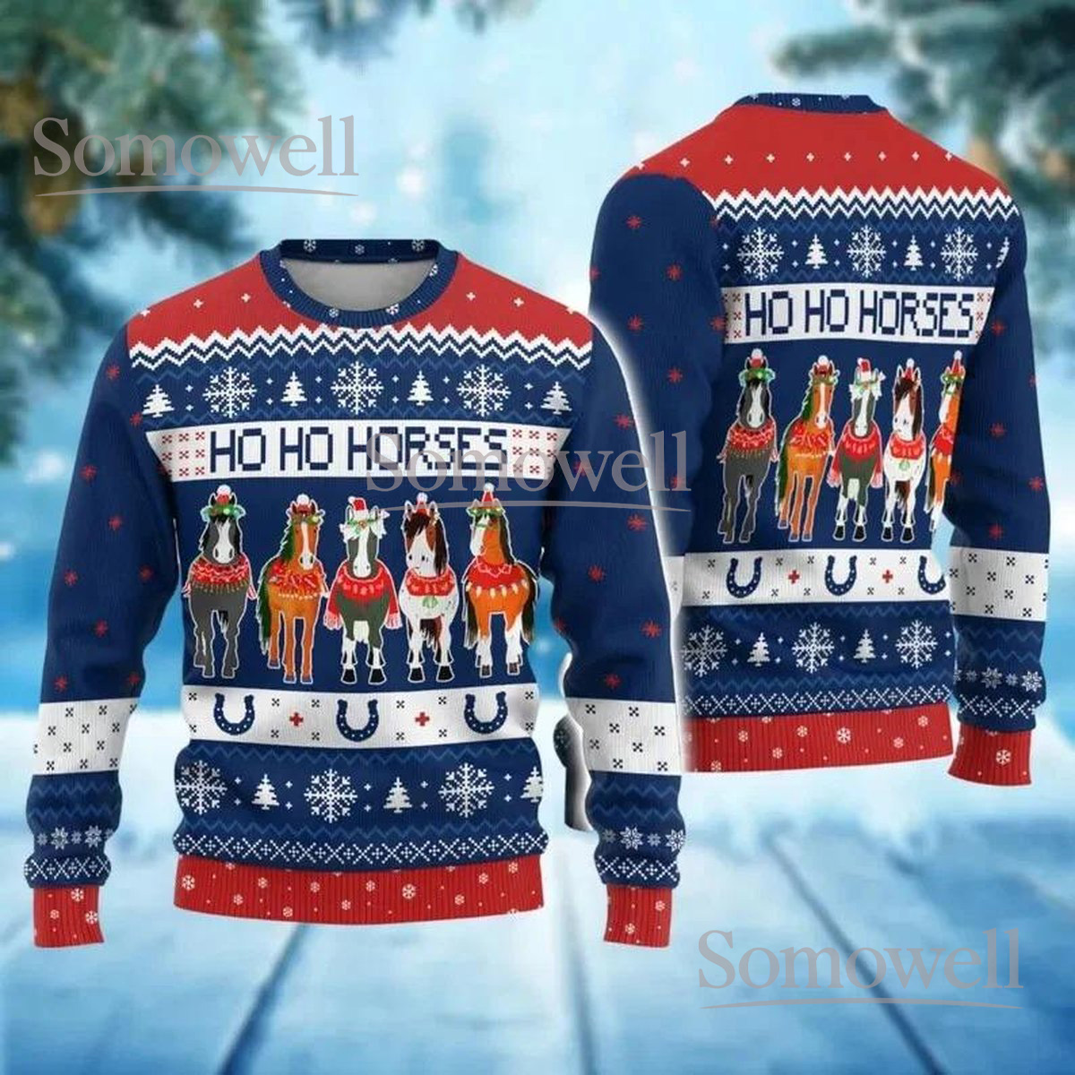 Horse Lovers Blue Christmas Ugly Sweater Ho Ho Horses Holiday Knit Jumper Funny Animal Lover Gift