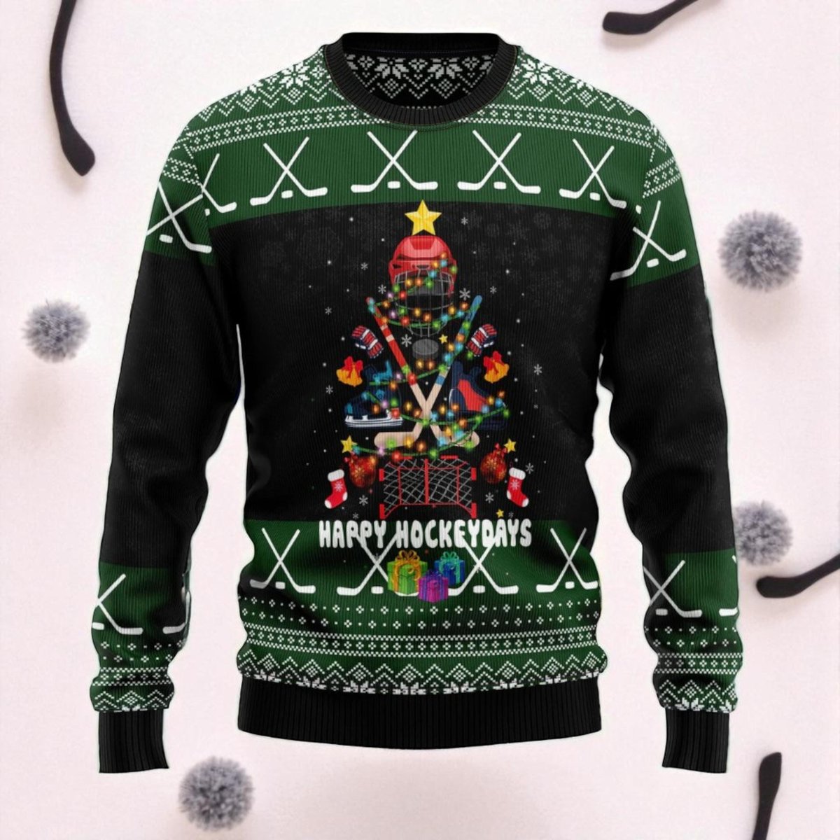 Happy Hockeydays Green Ugly Christmas Sweater Hockey Stick Tree Sports Holiday Knit Jumper