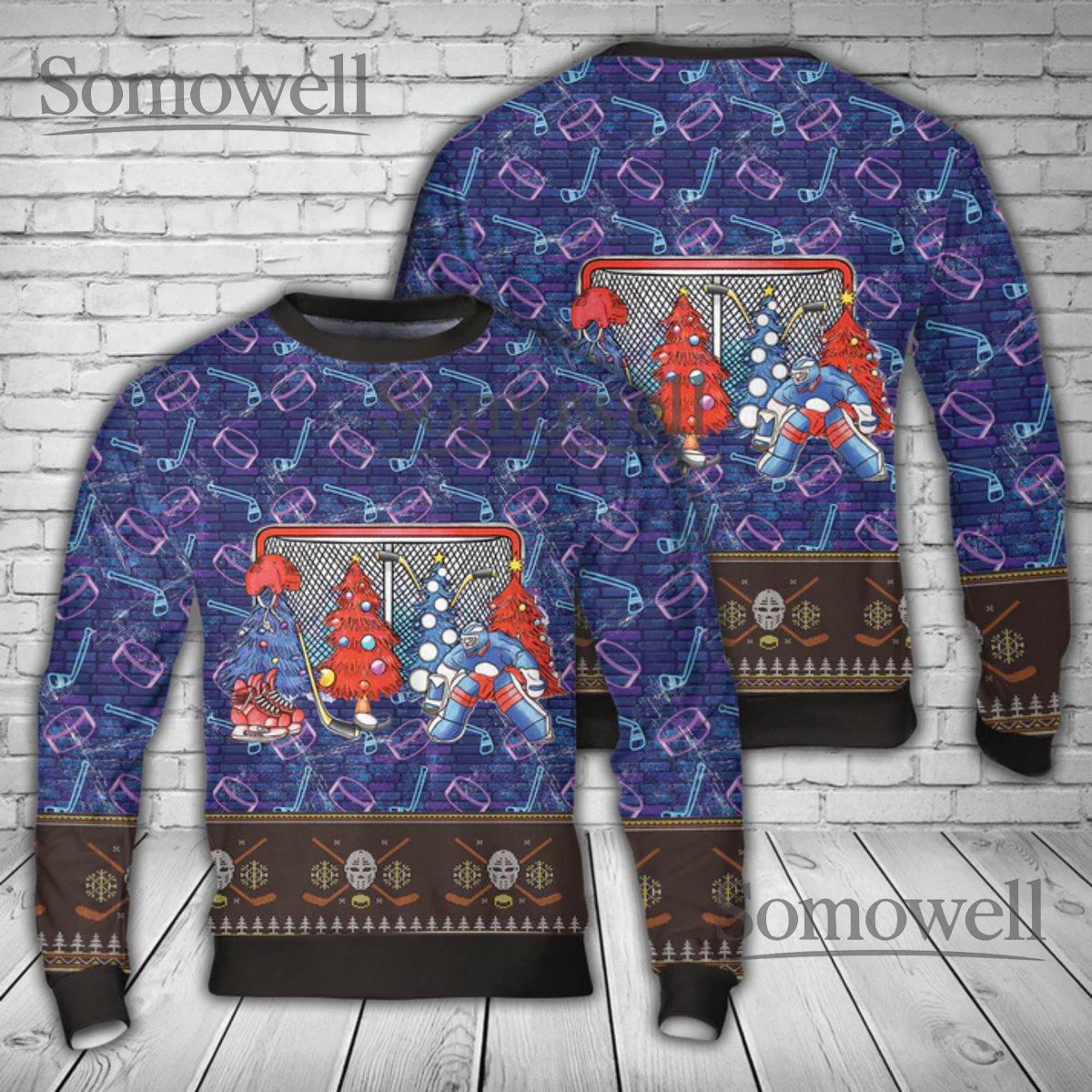 Hockey Christmas Ugly Sweater Goalie Net Neon Print Pullover