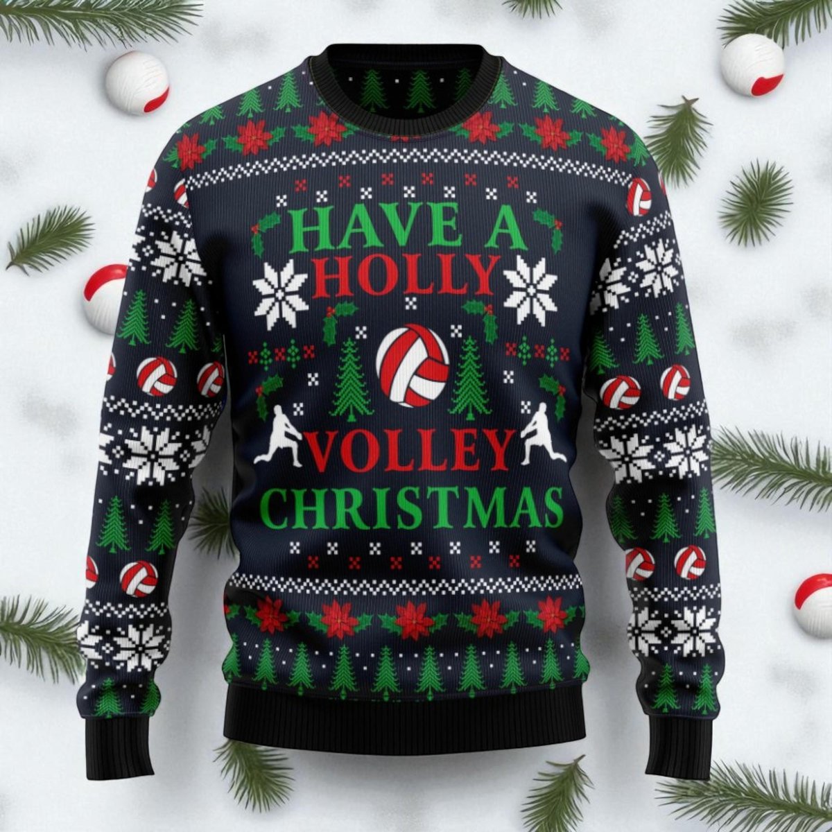 Holly Volley Christmas Sports Ugly Christmas Sweater Volleyball Holiday Knit Jumper