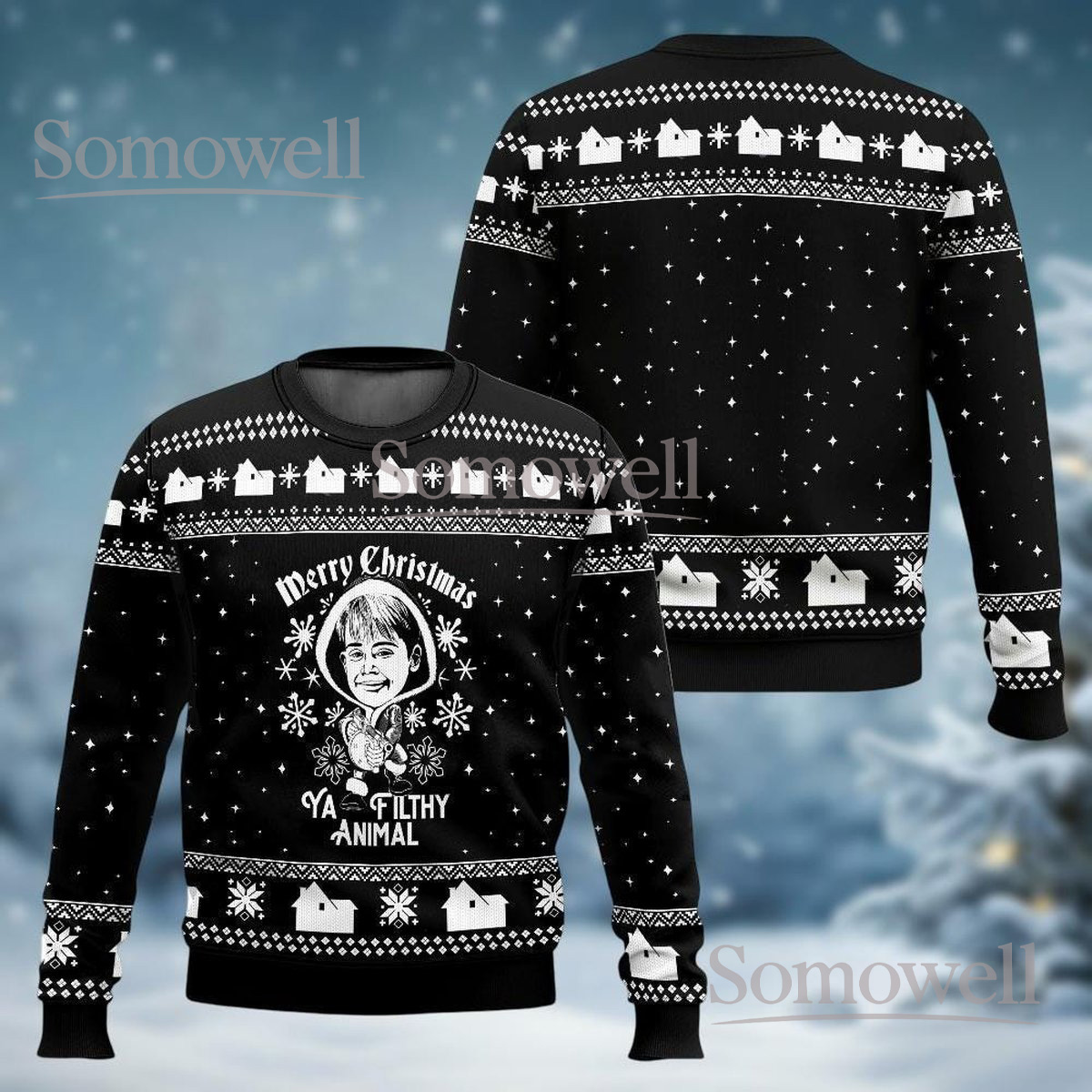 Merry Christmas Ya Filthy Animal Black Ugly Christmas Sweater Funny Home Alone Gift