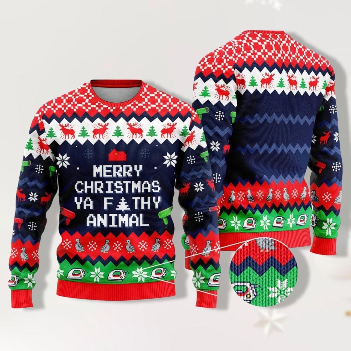 Home Alone Merry Christmas Ya Filthy Animal Movie Ugly Sweater Blue Green Red Jumper