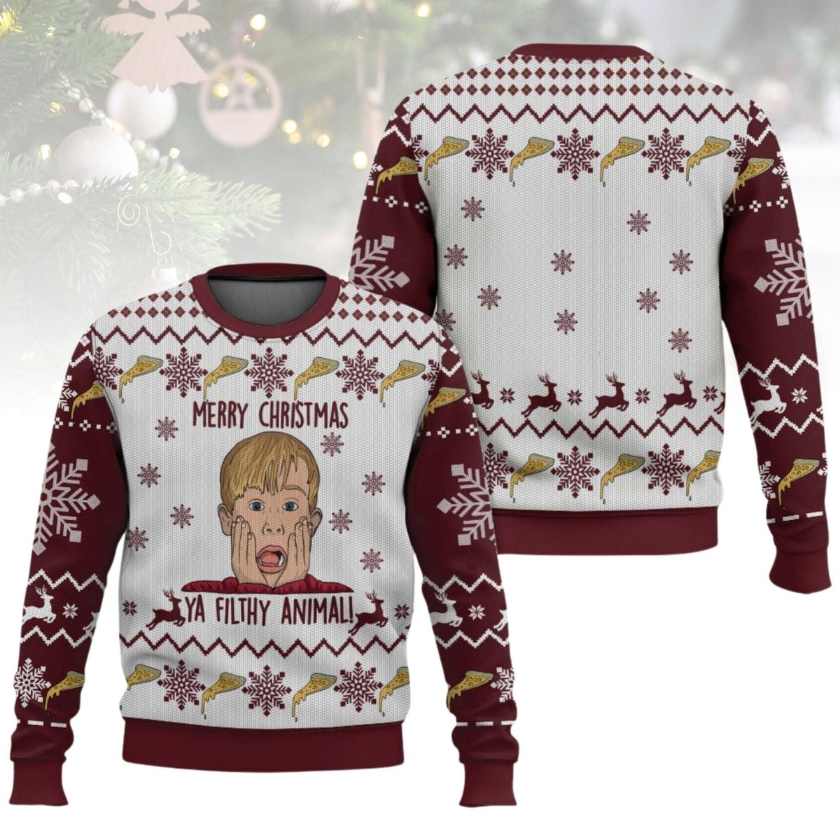 Home Alone Ya Filthy Animal Burgundy Ugly Christmas Sweater Funny Holiday Movie Knit Jumper
