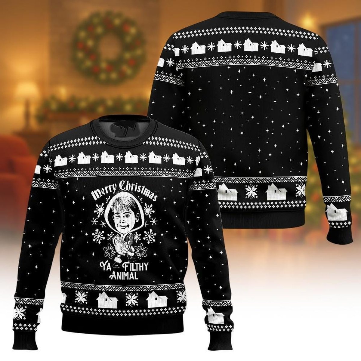 Merry Christmas Ya Filthy Animal Ugly Sweater Funny Home Alone Movie Black Jumper