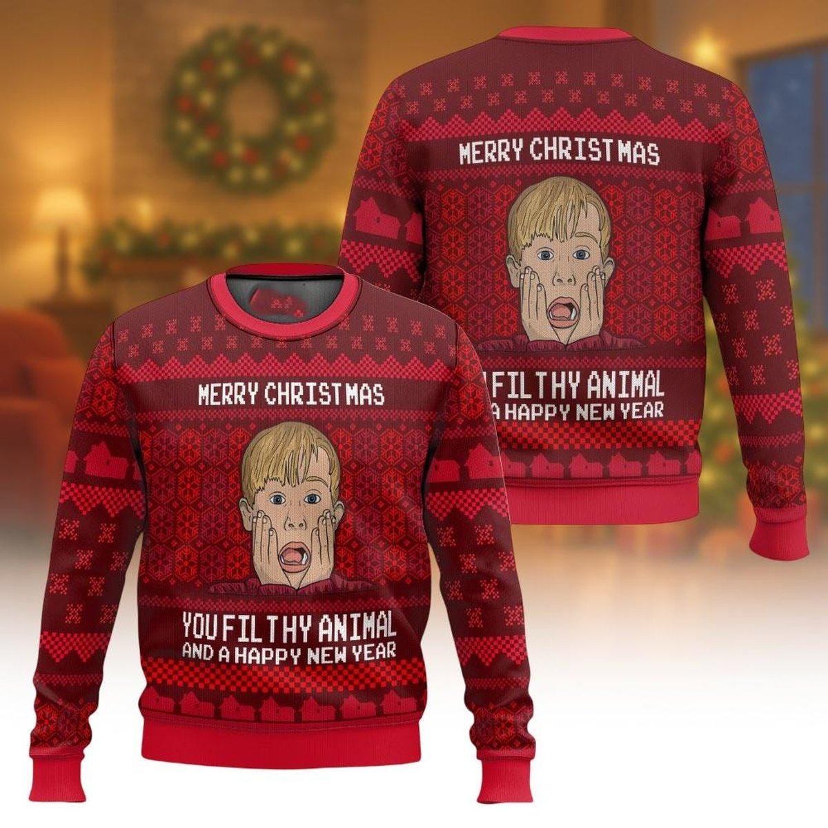 Merry Christmas You Filthy Animal Red Ugly Christmas Sweater Funny Home Alone Jumper