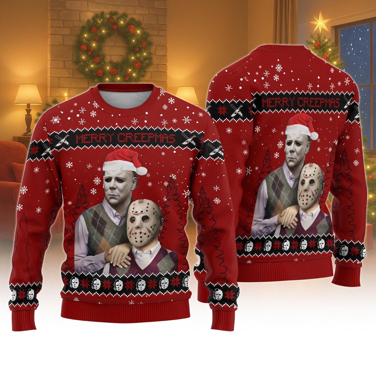 Merry Creepmas Horror Movie Ugly Christmas Sweater Michael Myers Jason Voorhees Jumper