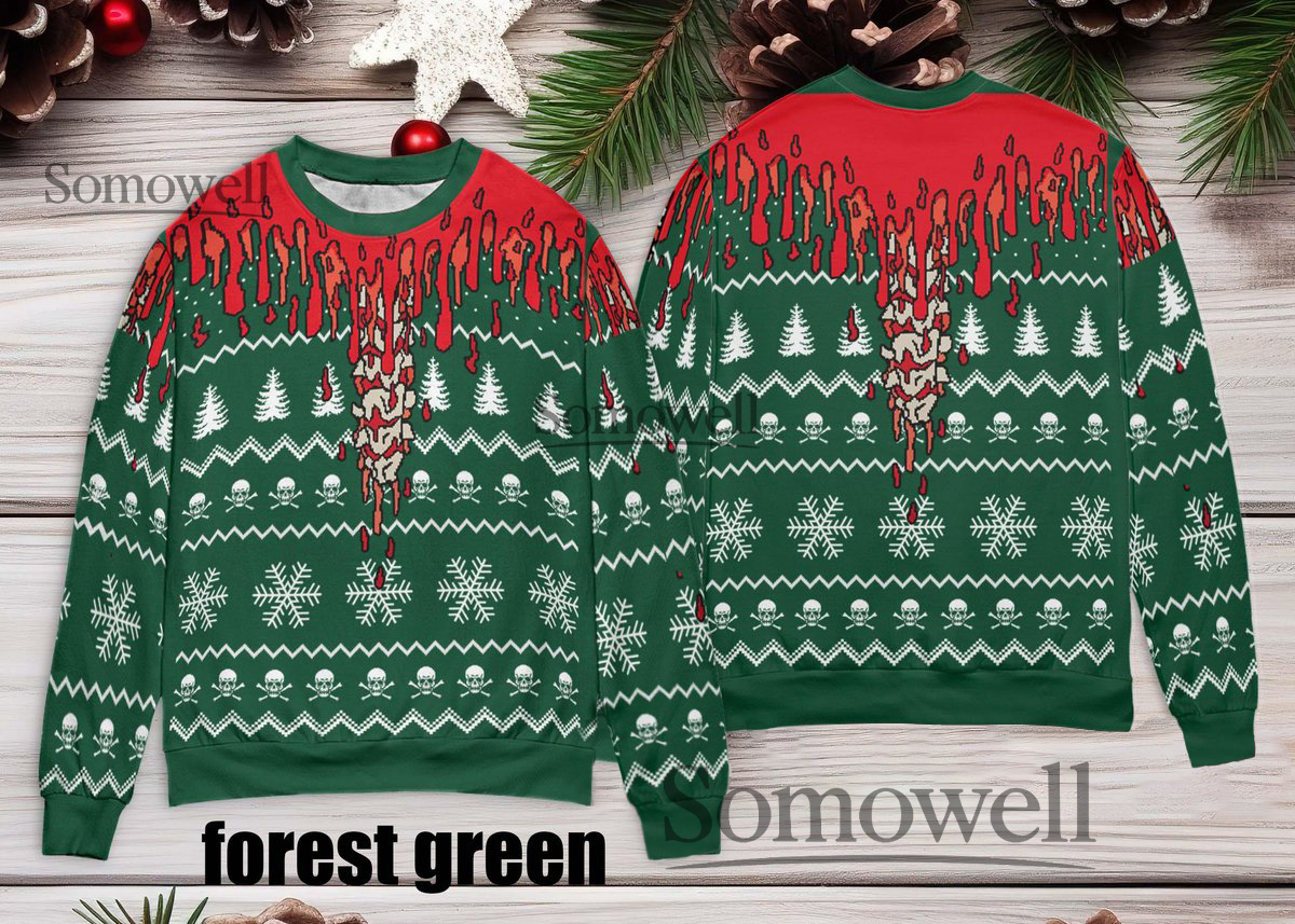 Bloody Horror Halloween Skull Ugly Christmas Sweater Forest Green Scary Edition Multi Color Edition