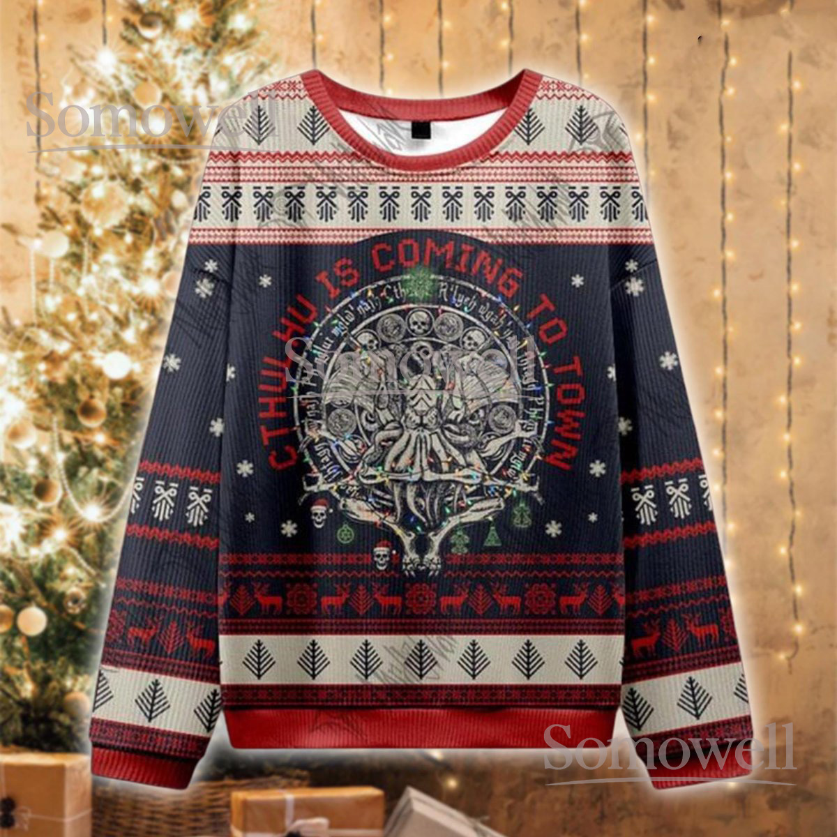 Cthulhu Is Coming To Town Christmas Ugly Sweater Holiday Knit Jumper Funny Horror Gift