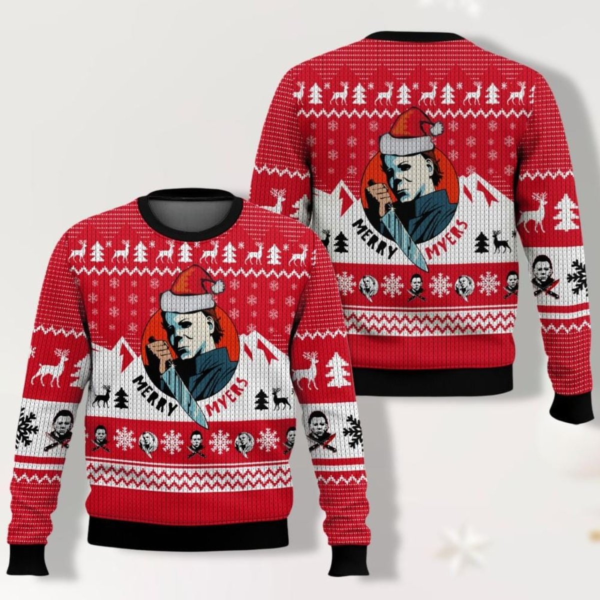 Michael Myers Merry Scary Christmas Horror Movie Ugly Sweater Red White Jumper
