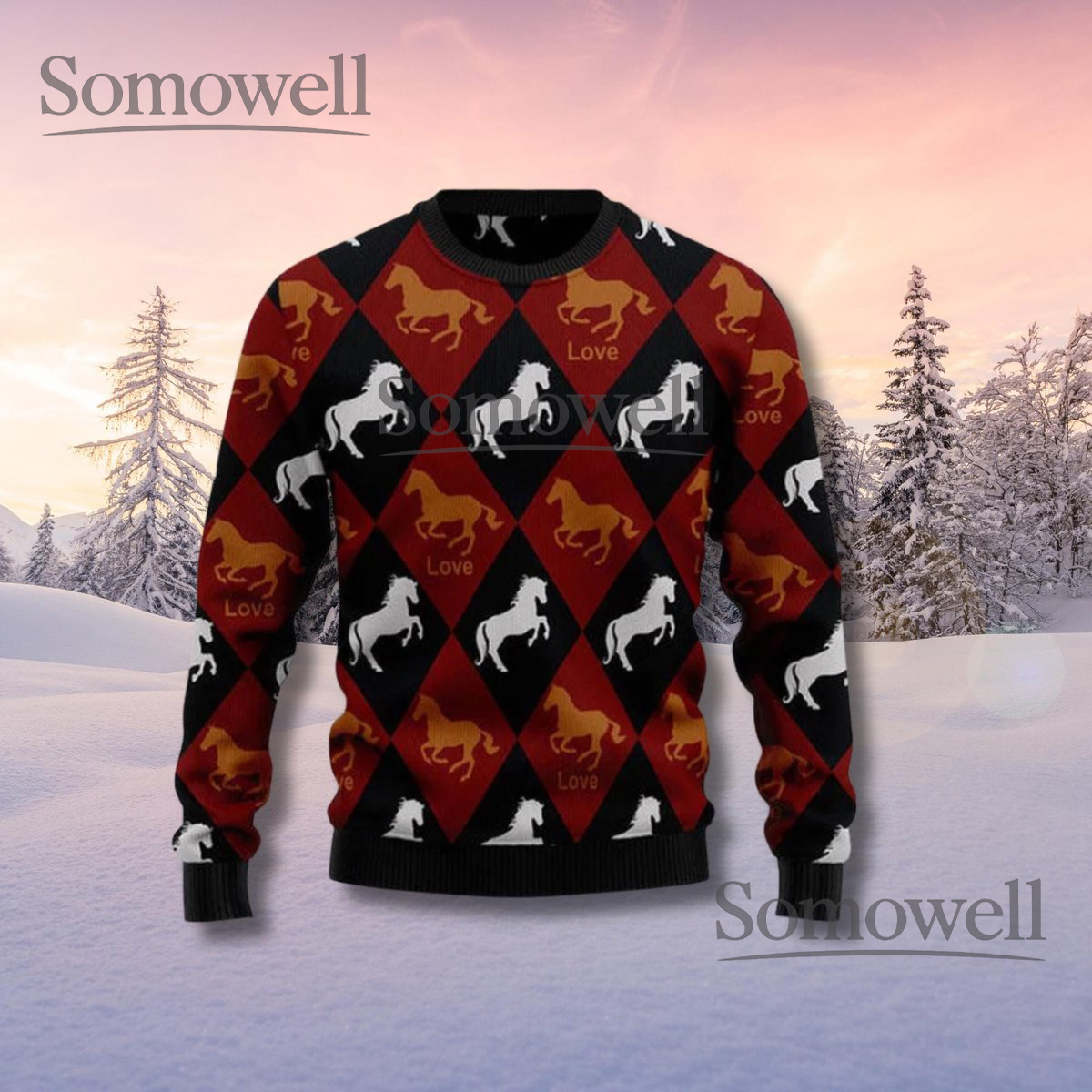 Horse Argyle Sweater Rustic Red Black Diamond Pattern Unisex Cozy Winter Knitted Jumper