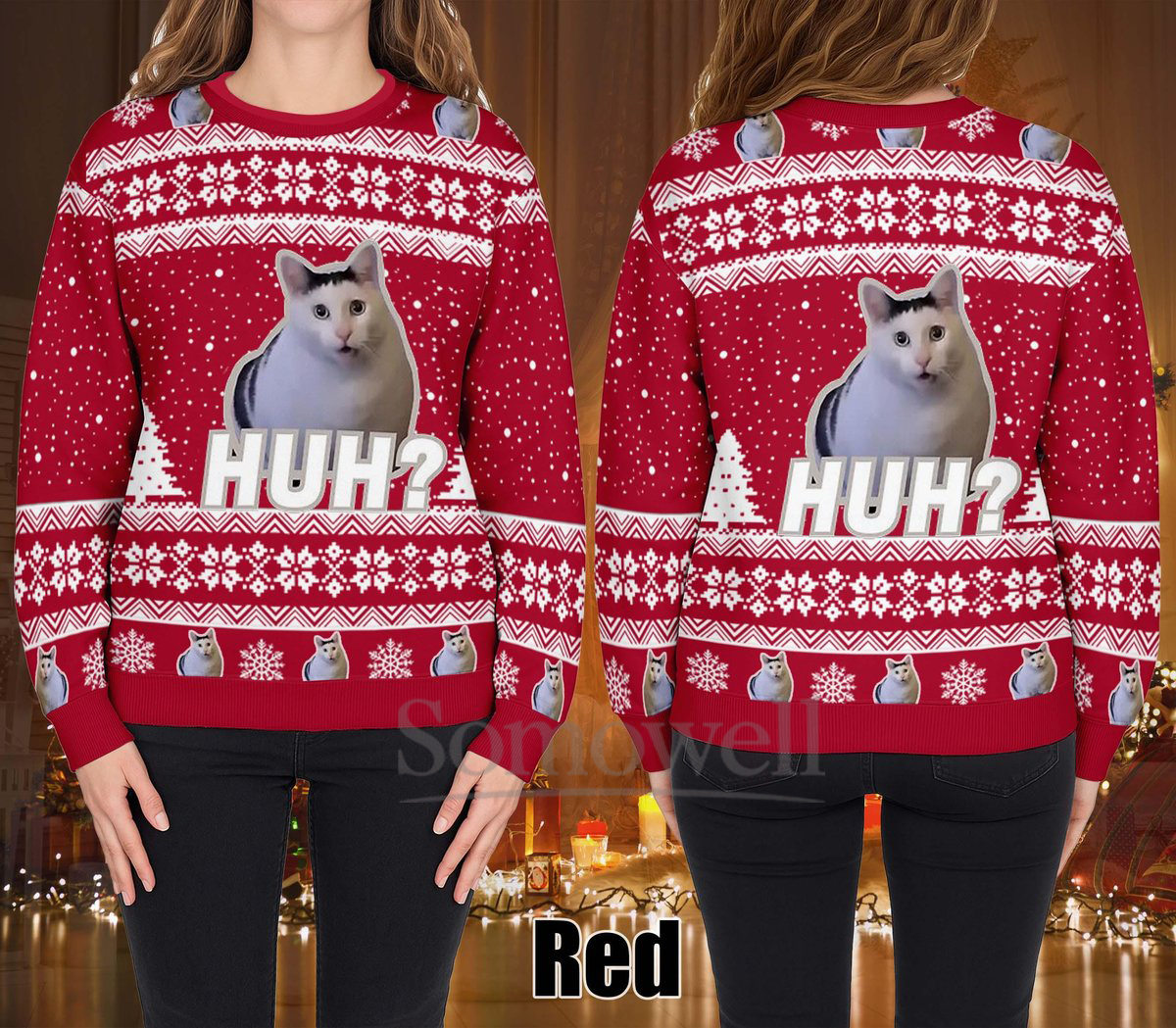 Huh Cat Meme Ugly Christmas Sweater Funny Red Holiday Knit Jumper Gift for Cat Lovers