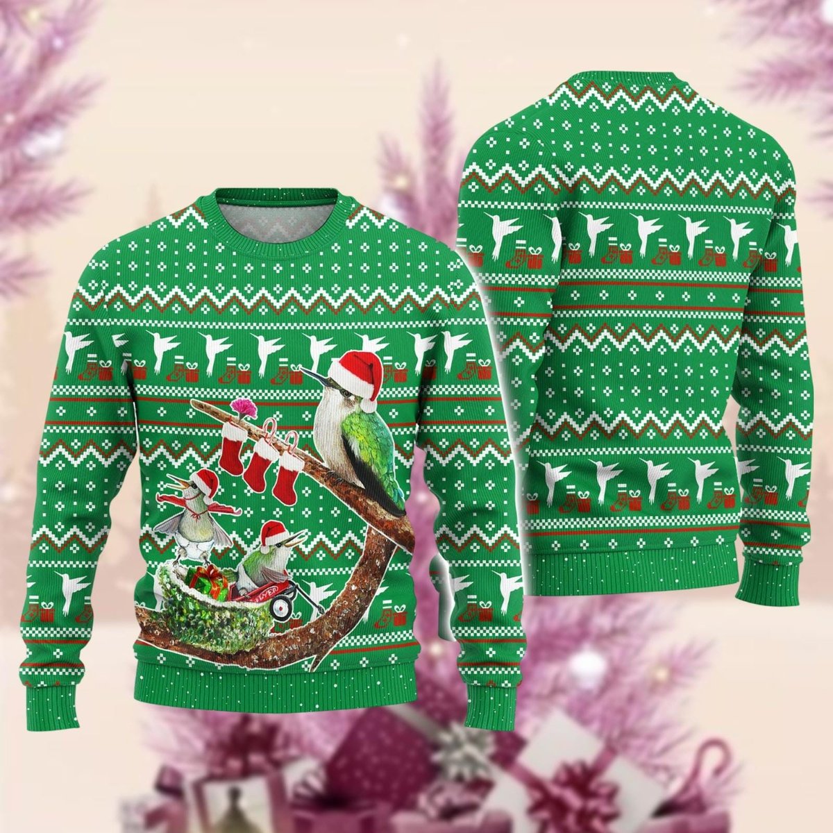 Hummingbird Green Christmas Ugly Sweater Cute Bird Nature Holiday Knit Jumper