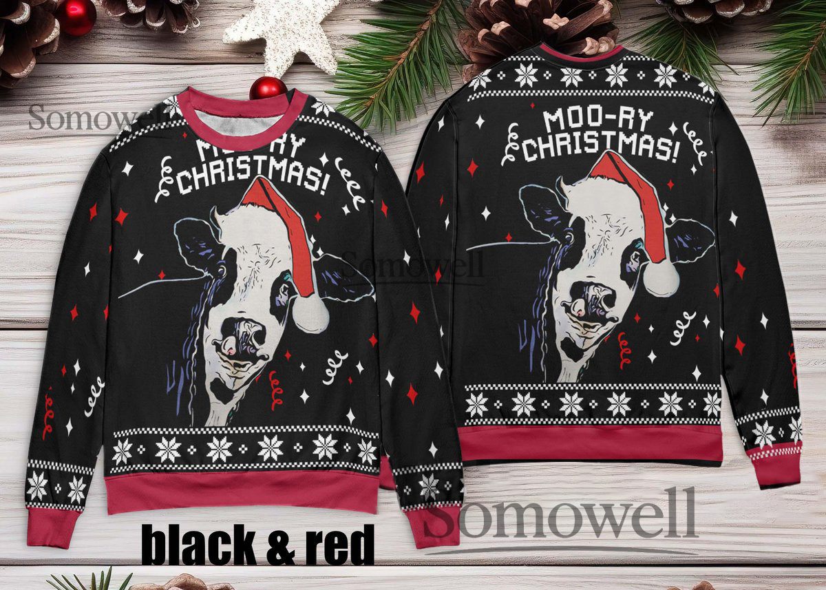 Moo ry Christmas Funny Cow Ugly Christmas Sweater Black Red Animal Lover Edition Multi Color Edition