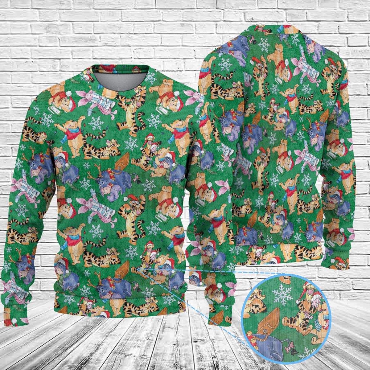 Winnie The Pooh Green Christmas Ugly Sweater Hundred Acre Friends Holiday Knit Jumper