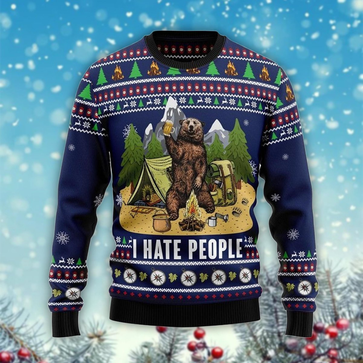 I Hate People Bear Ugly Sweater Funny Camping Beer Mountain Christmas Gift