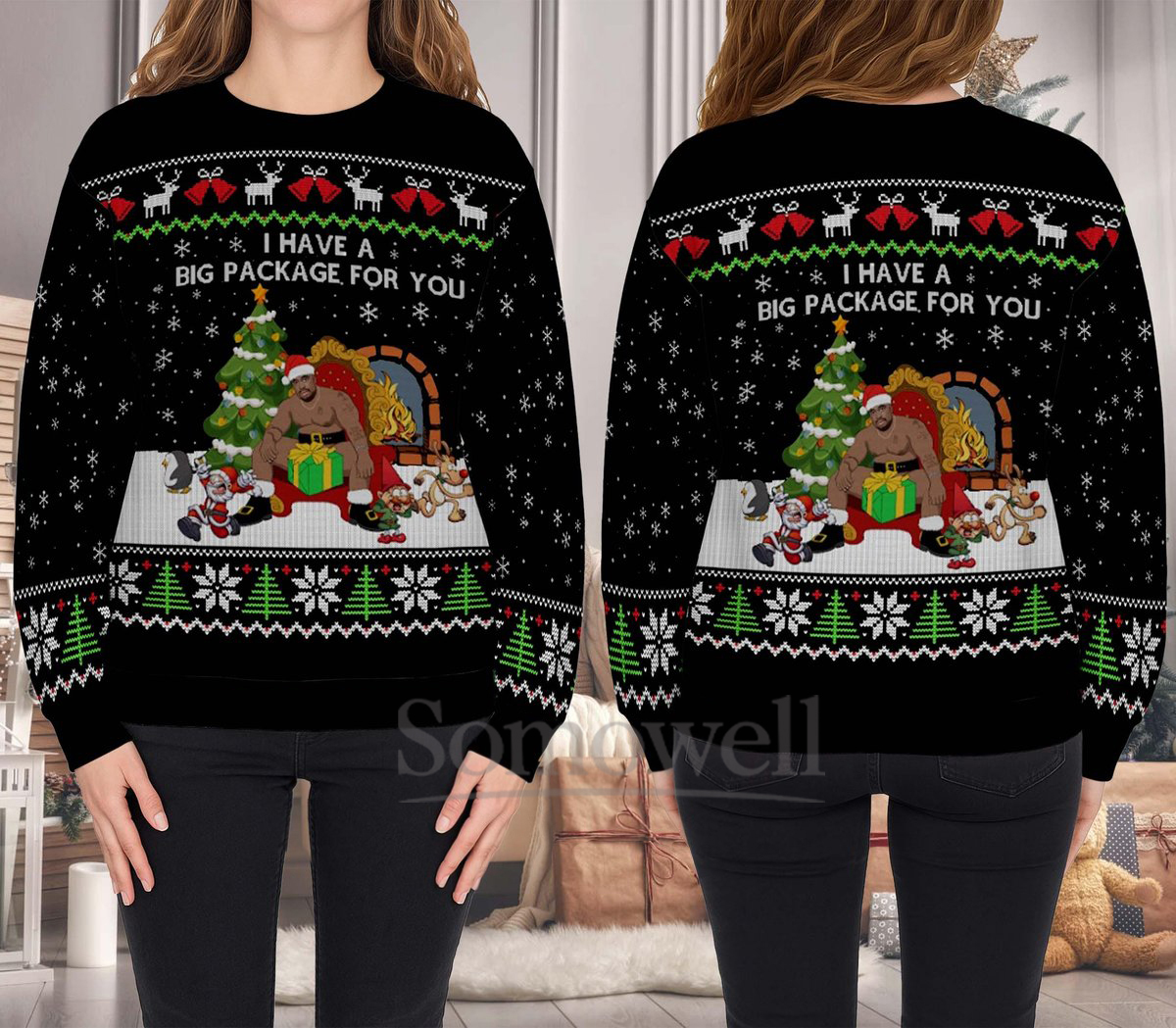 I Have a Big Package for You Ugly Christmas Sweater Funny Santa Meme Black Holiday Knit Jumper