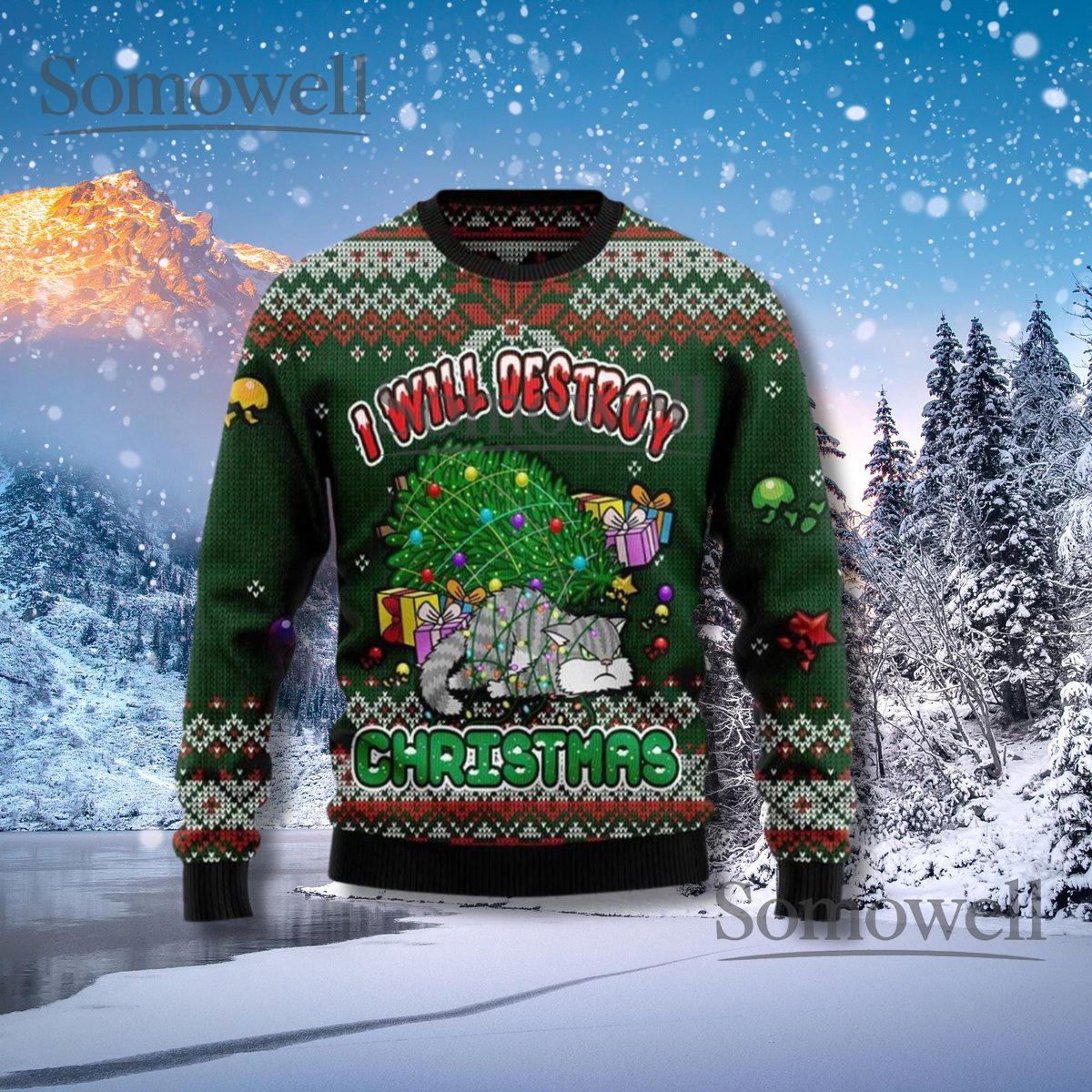 I Will Destroy Christmas Cat Ugly Sweater Funny Holiday Jumper