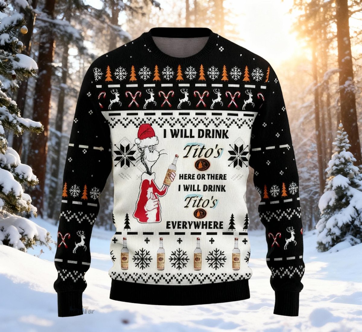 Dr Seuss Black White Christmas Ugly Sweater I Will Drink Tito’s Funny Holiday Knit Jumper