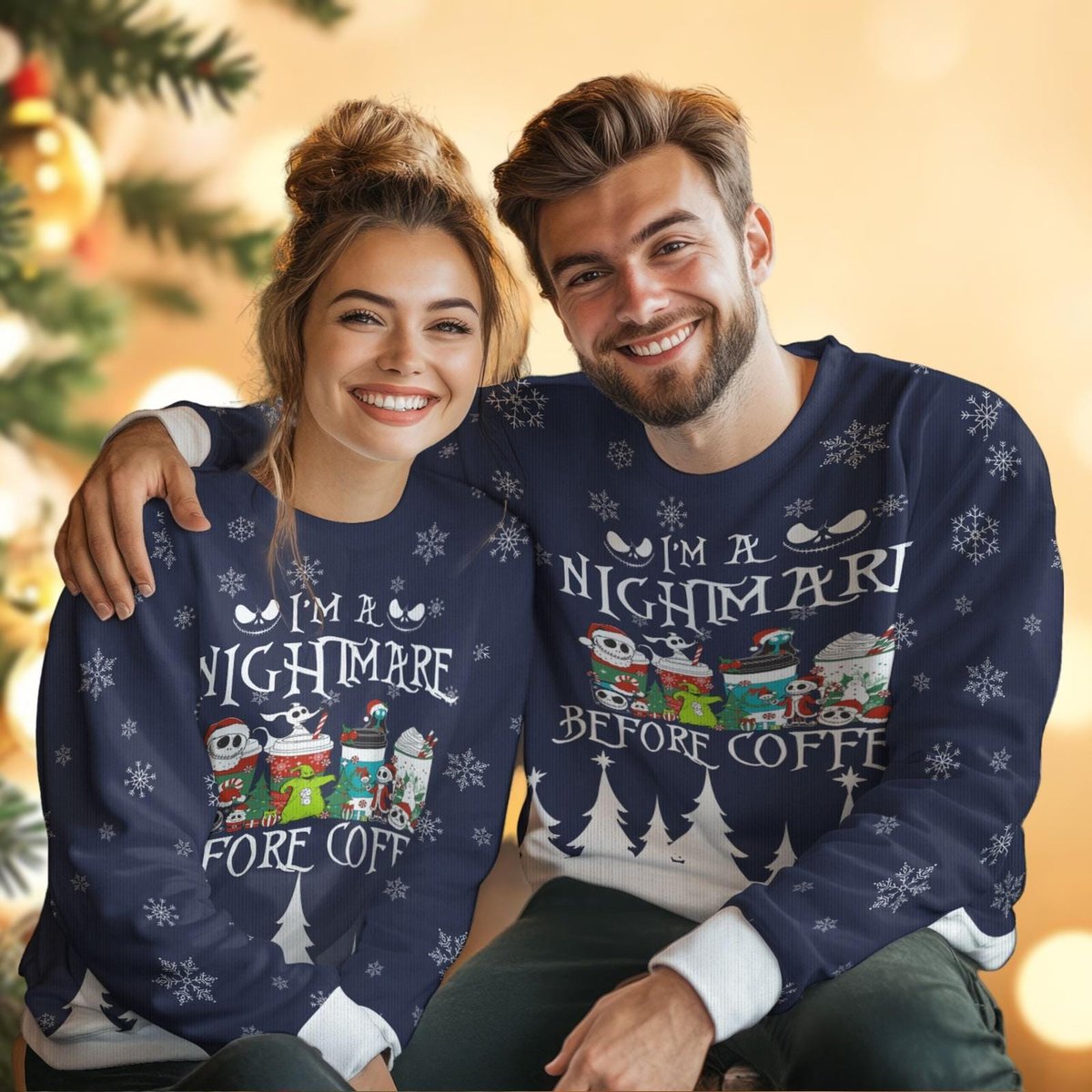 Nightmare Before Coffee Christmas Navy Ugly Sweater Holiday Snow Scene Knit Jumper