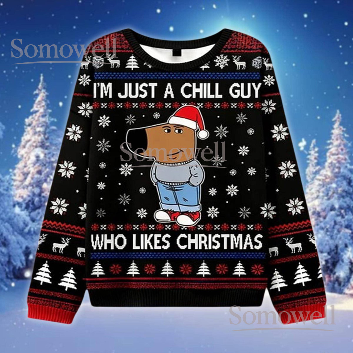 Chill Guy Ugly Christmas Sweater Funny Cartoon Meme Holiday Gift