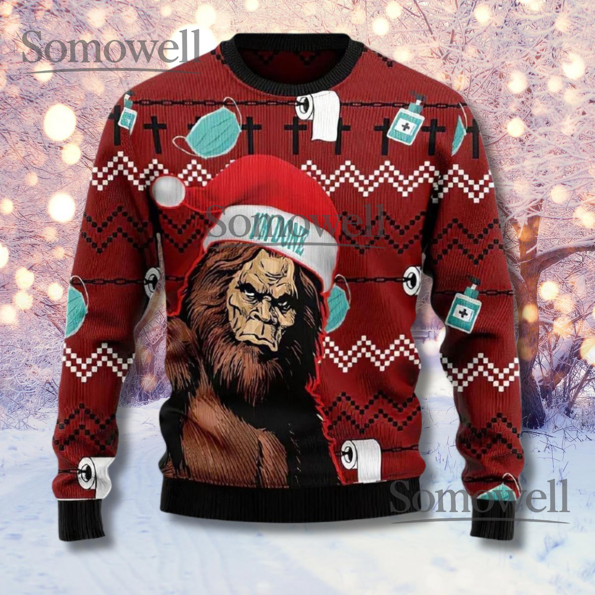 Im Done Bigfoot Ugly Christmas Sweater Santa Hat Mask Toilet Paper Unisex Jumper