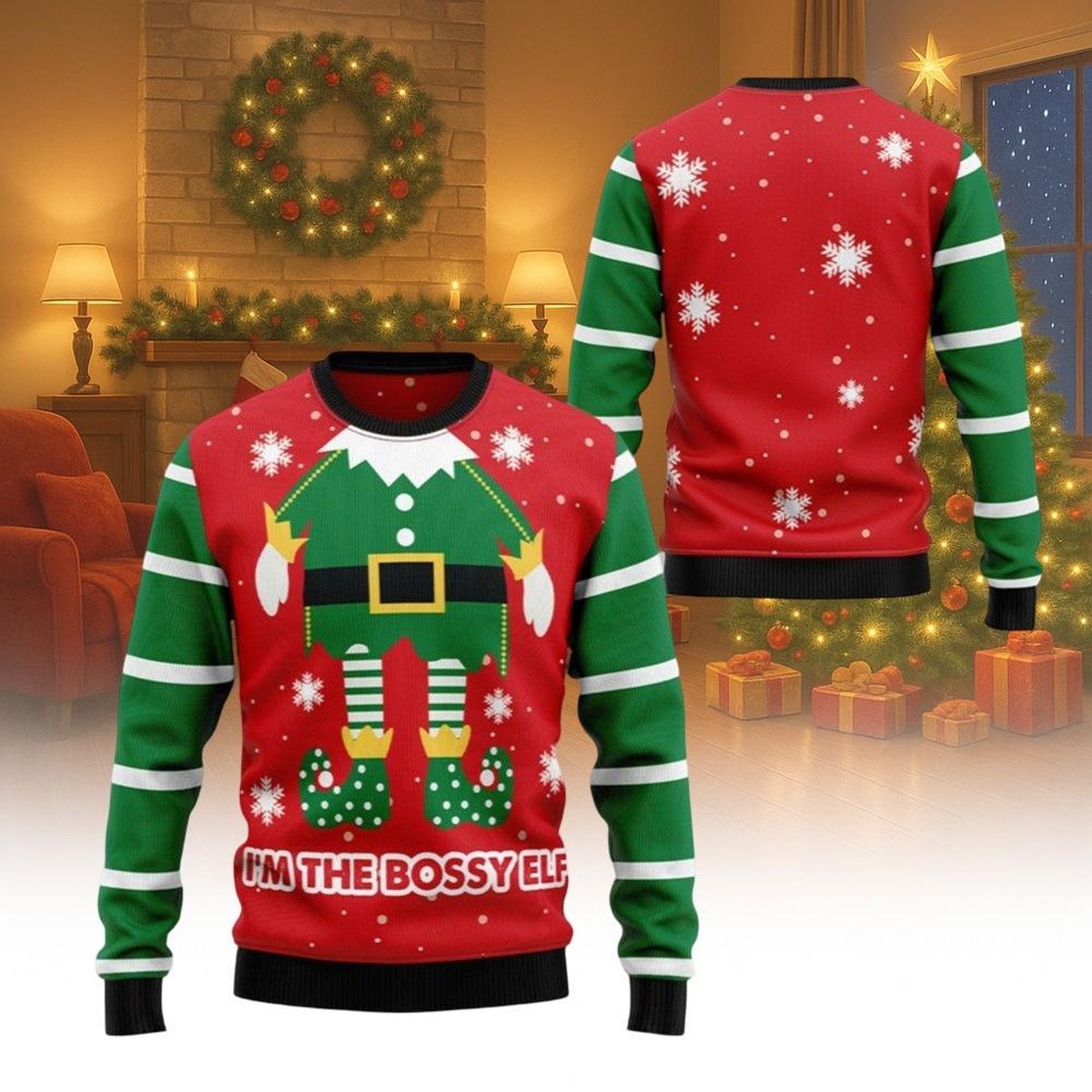 Bossy Elf Christmas Red Ugly Sweater Funny Holiday Costume Knit Jumper for Party