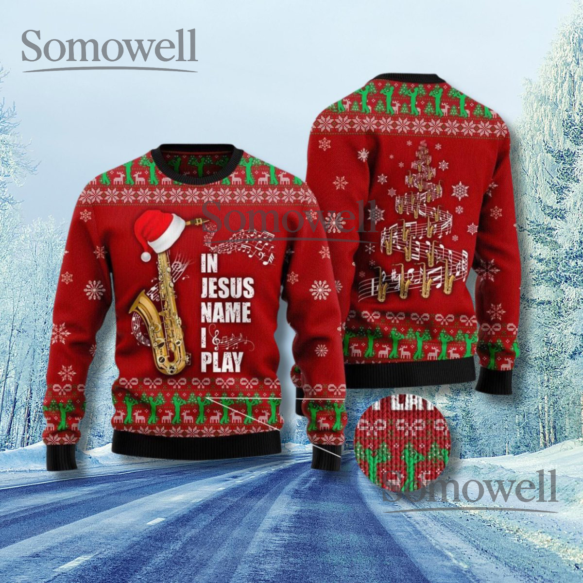 In Jesus Name I Play Saxophone Christian Christmas Sweater Music Theme