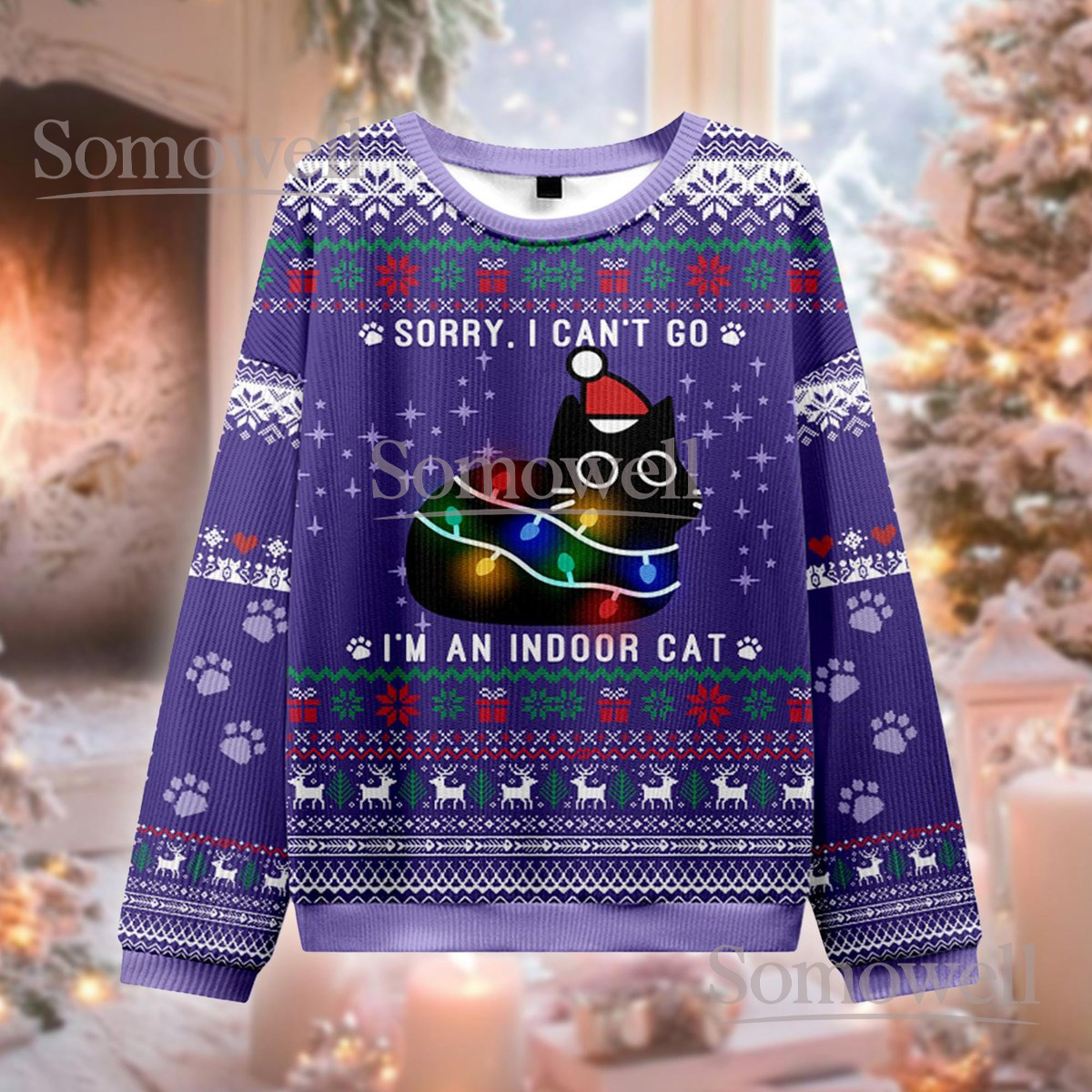 Indoor Cat Purple Christmas Ugly Sweater Sorry I Can’t Go Funny Cat Lover Knit Jumper