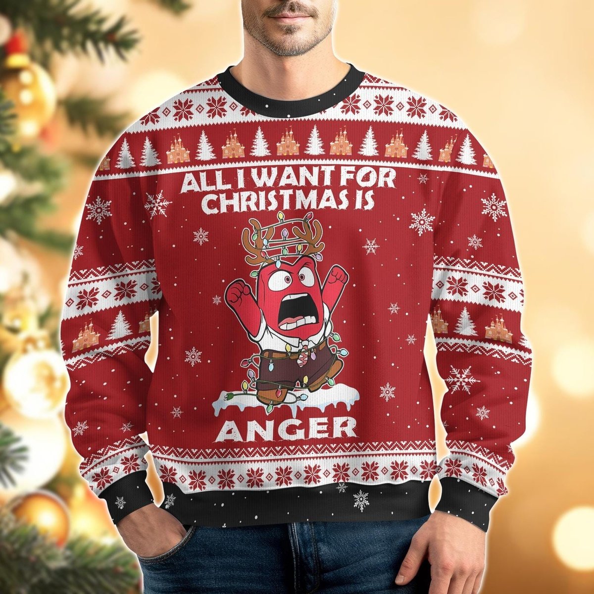 Inside Out Anger Christmas Red Ugly Sweater Holiday Lights & Snow Knit Jumper