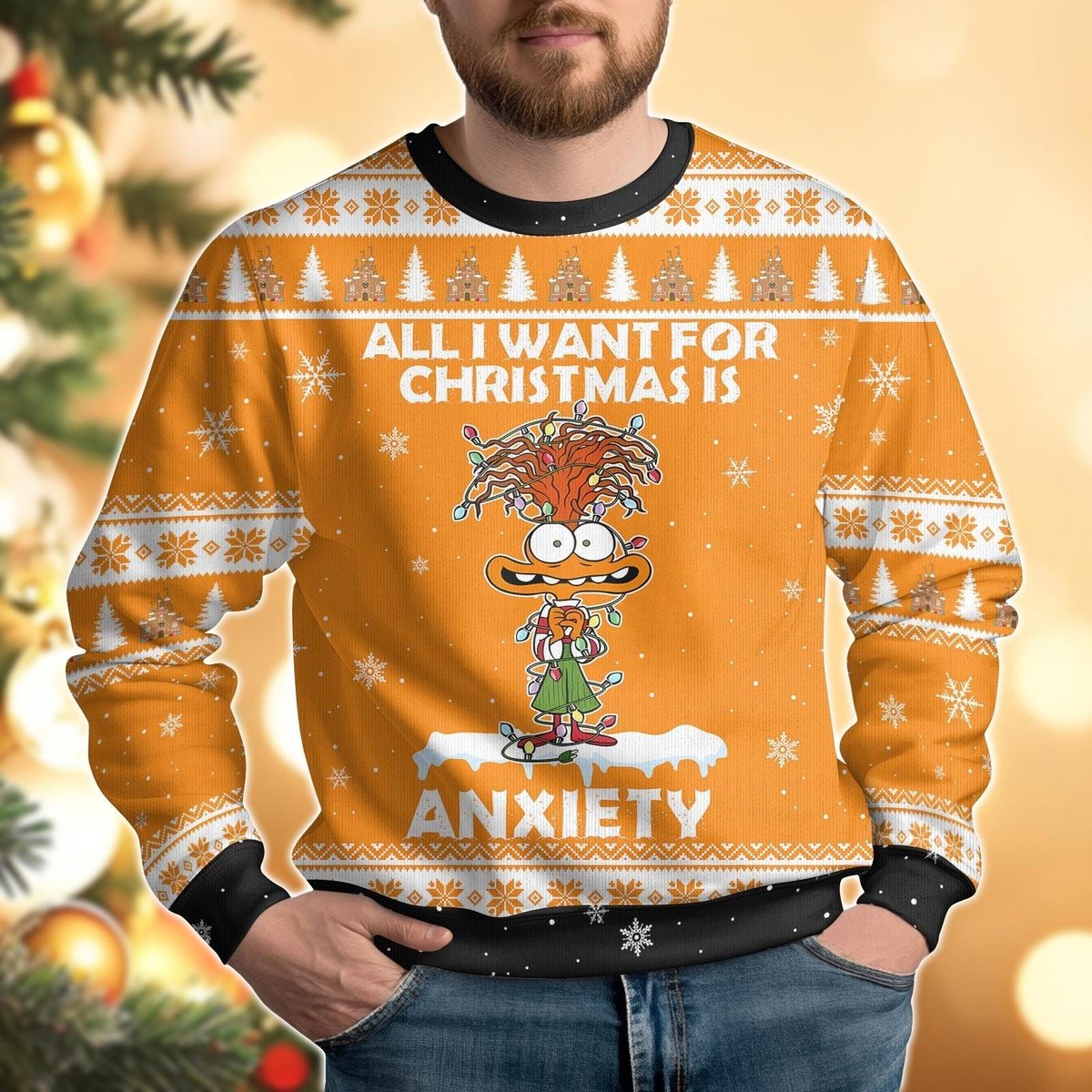 Inside Out Anxiety Christmas Orange Ugly Sweater Holiday Lights Character Knit Jumper