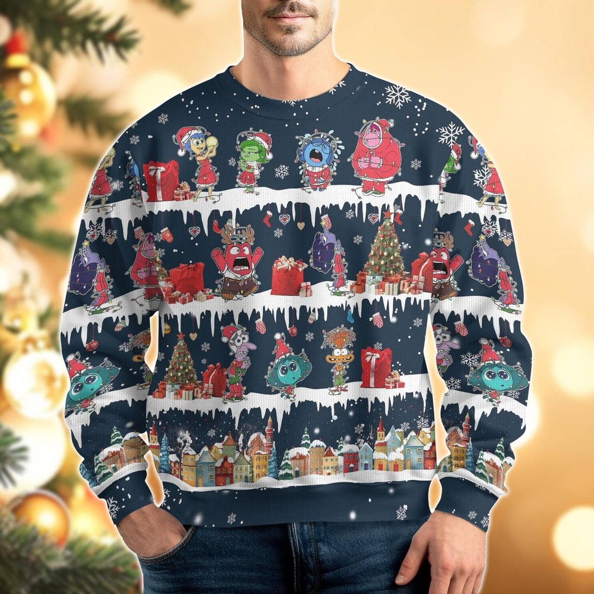 Inside Out Christmas Navy Ugly Sweater Funny Pixar Emotions Holiday Scene Knit Jumper