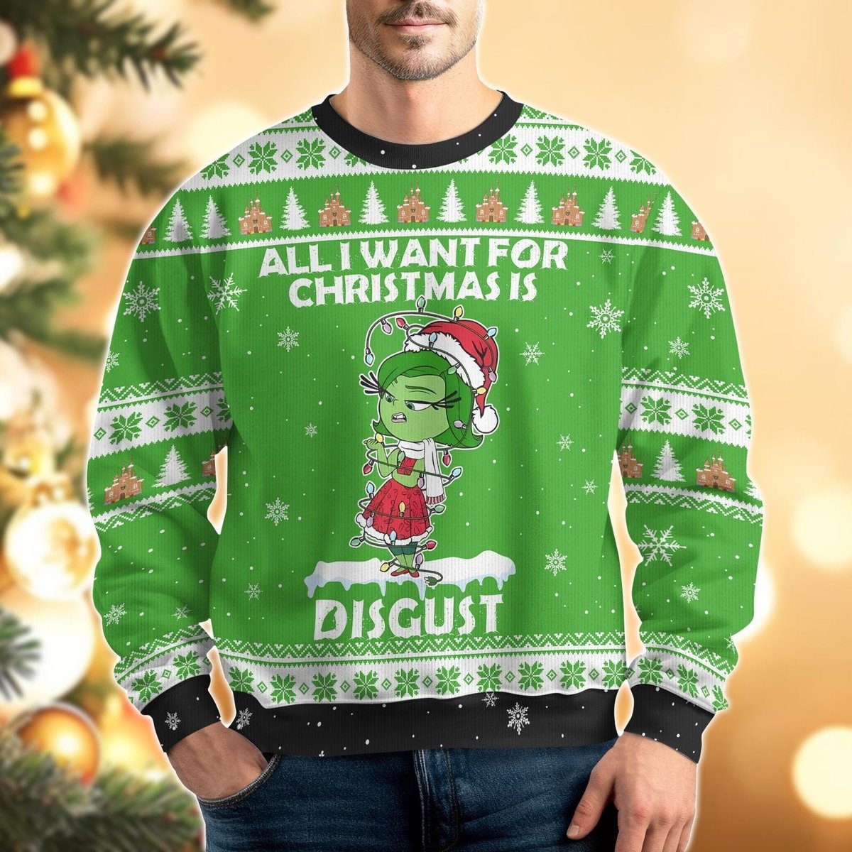 Inside Out Disgust Christmas Green Ugly Sweater Holiday Lights Character Knit Jumper