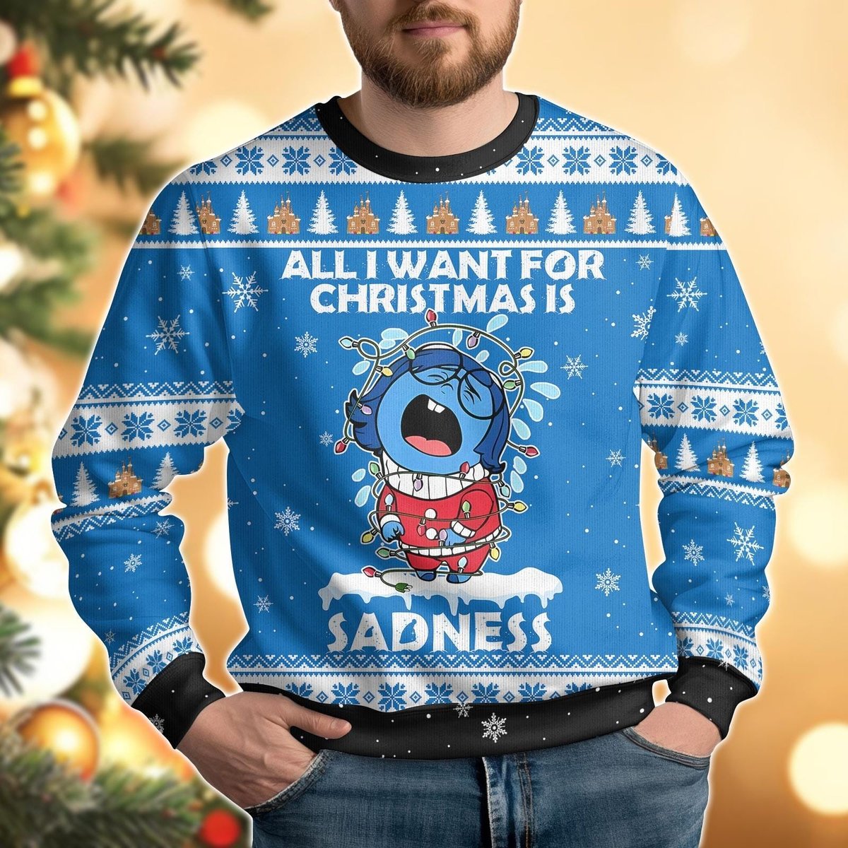 Inside Out Sadness Christmas Blue Ugly Sweater Holiday Character Lights Knit Jumper