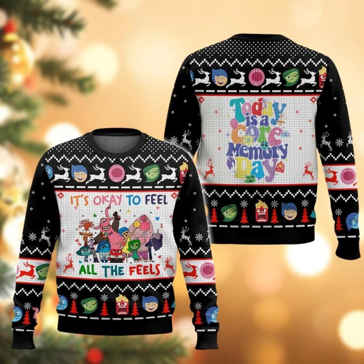 Inside Out Christmas Black Ugly Sweater Pixar Characters “It’s Okay to Feel” Holiday Knit Jumper