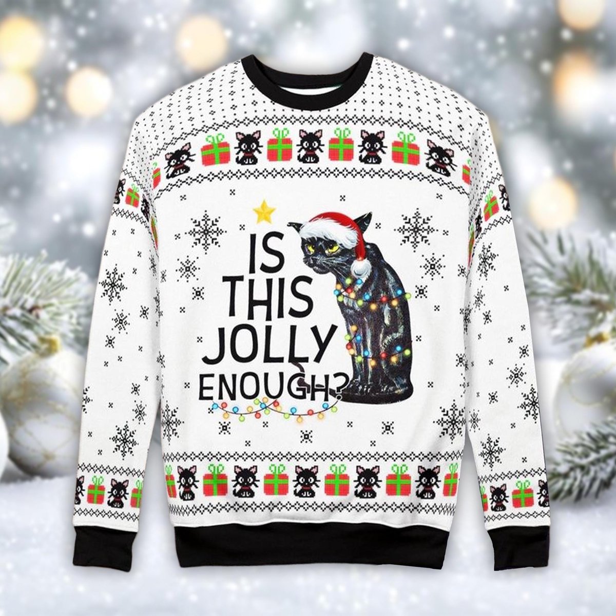 Is This Jolly Enough Cat Ugly Sweater Funny Grumpy Kitty Lights Christmas Outfit