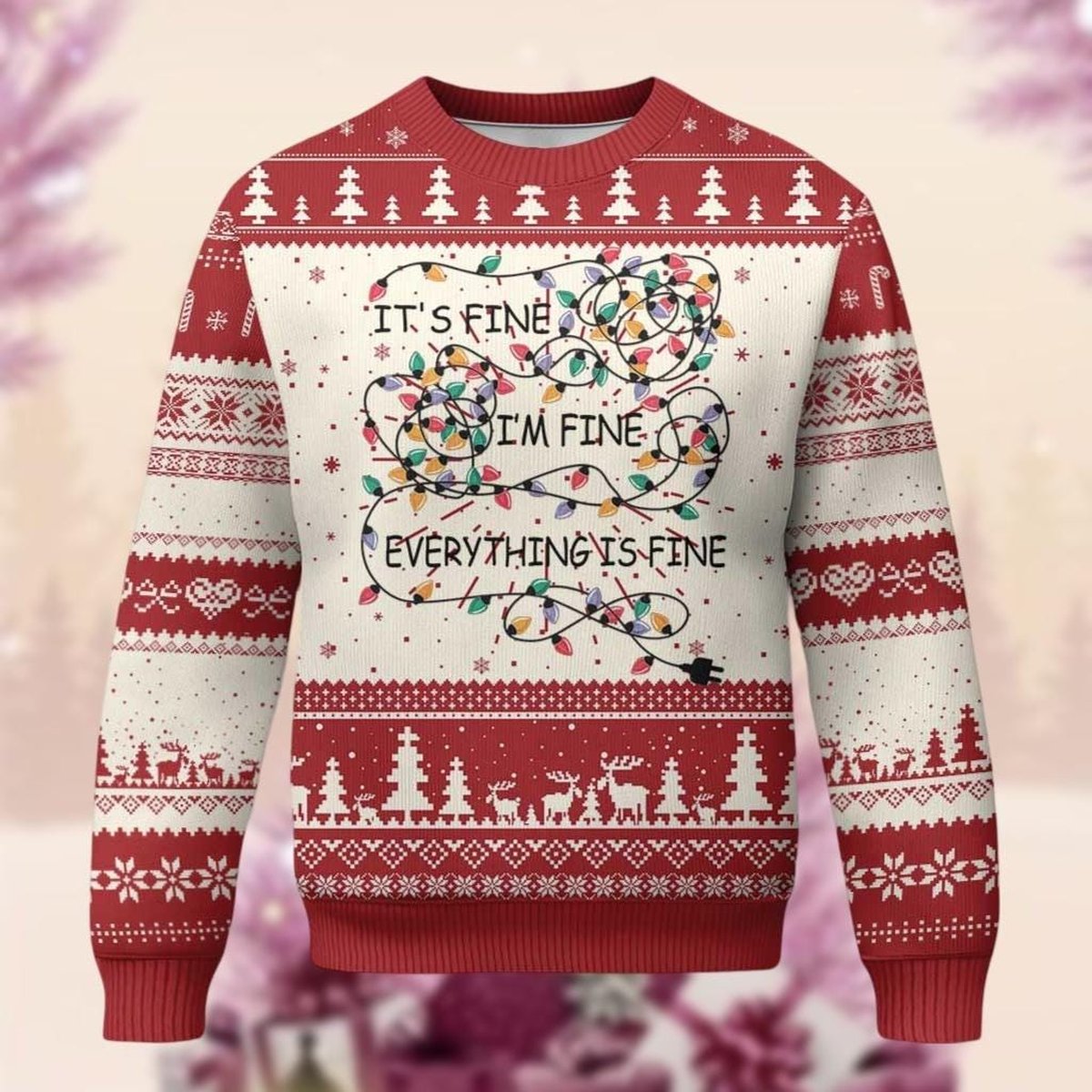 It’s Fine I’m Fine Cream Christmas Ugly Sweater Funny Lights Holiday Stress Knit Jumper