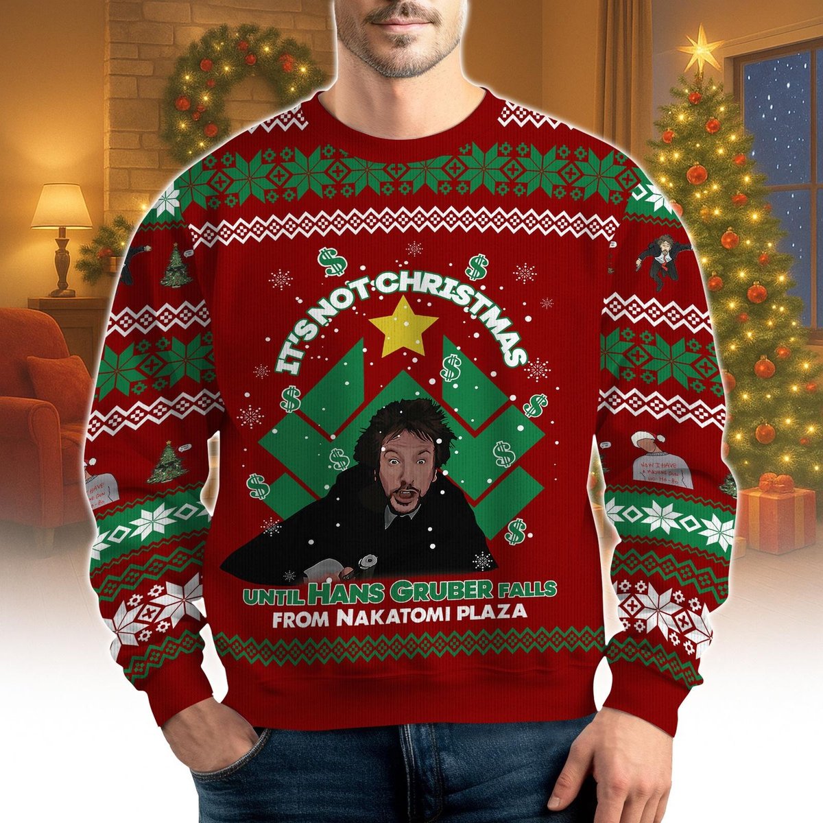 Die Hard Christmas Red Ugly Sweater Funny Hans Gruber Nakatomi Plaza Knit Jumper