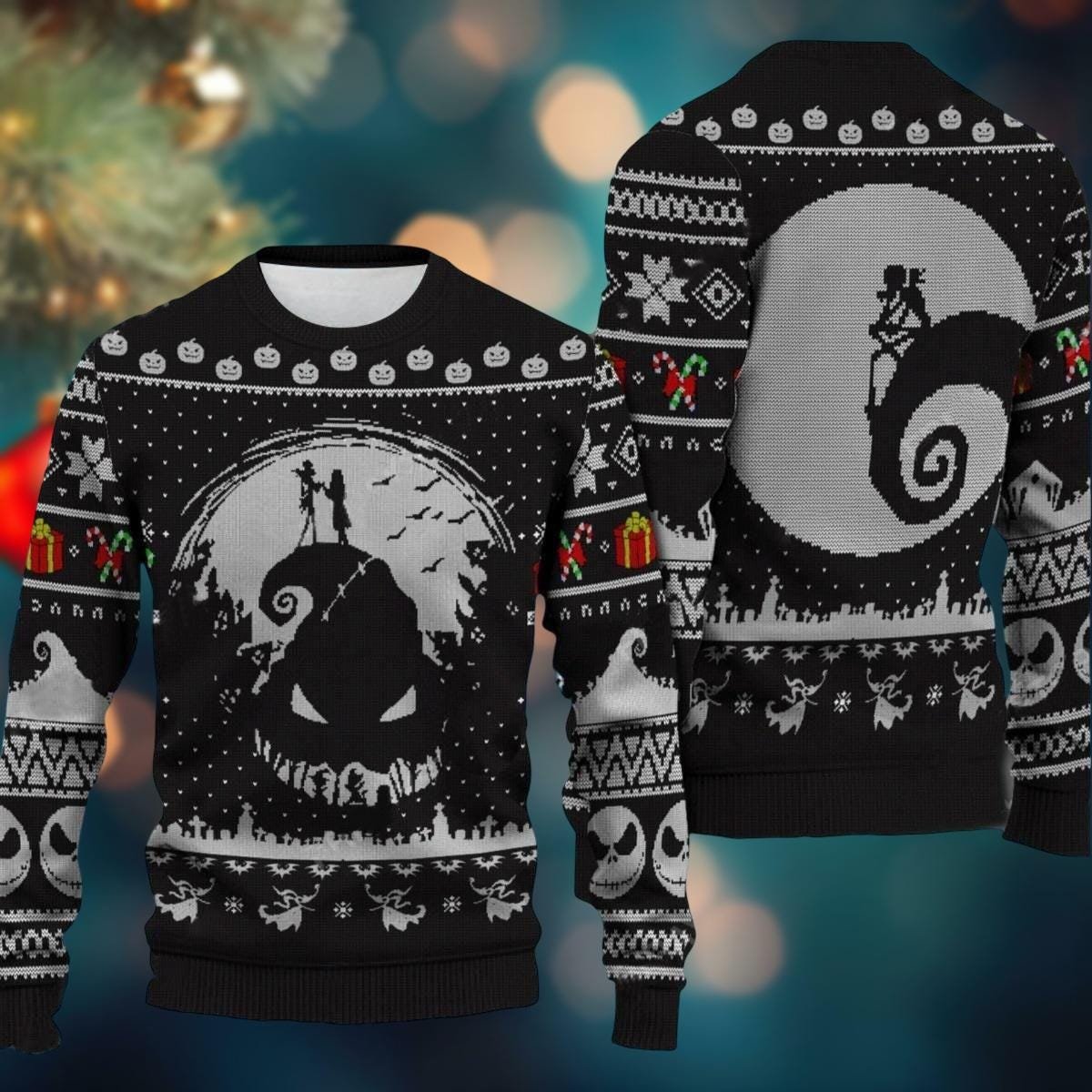 Jack And Sally Oogie Boogie Ugly Christmas Sweater Nightmare Theme