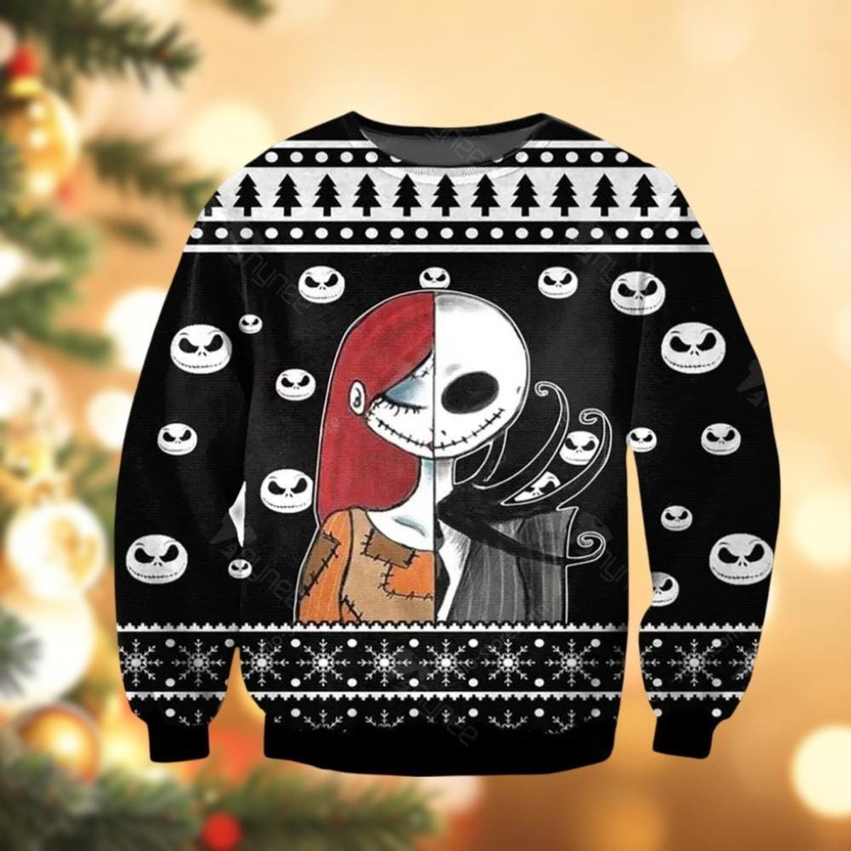 Jack and Sally Split Face Black Ugly Christmas Sweater Nightmare Couple Holiday Knit Jumper