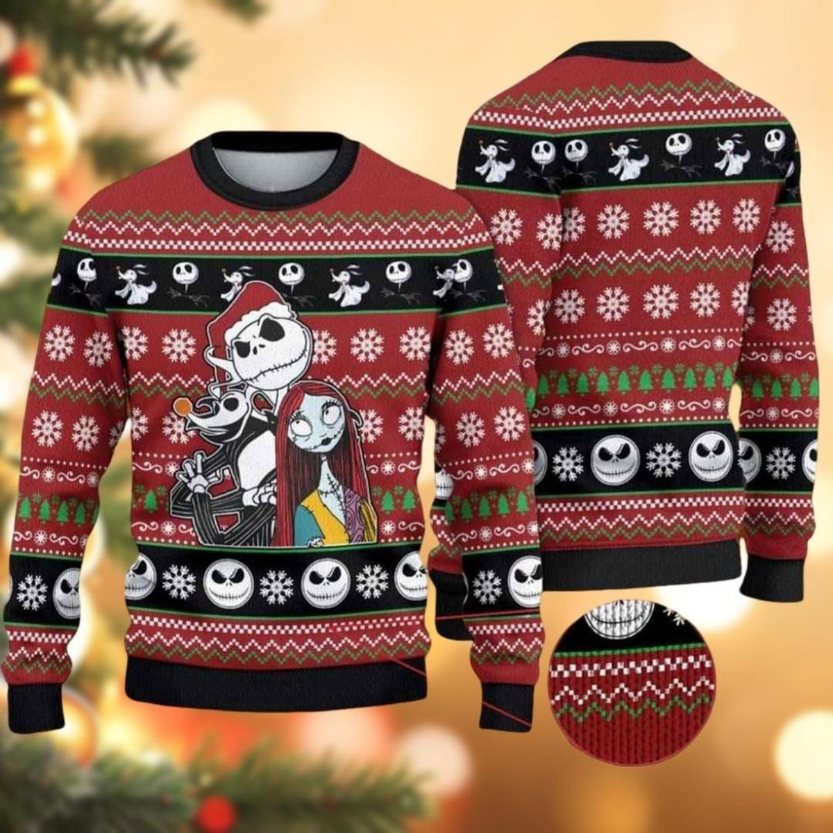 Jack and Sally Red Ugly Christmas Sweater Nightmare Before Christmas Holiday Knit Jumper