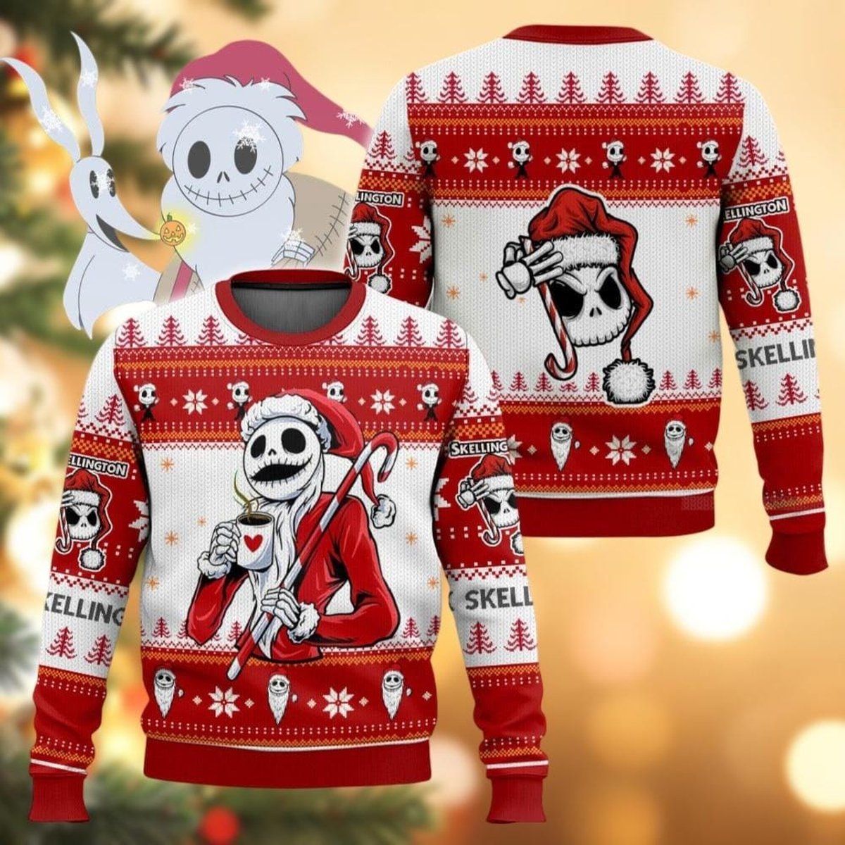 Jack Skellington Santa Red Ugly Christmas Sweater Holiday Coffee Candy Cane Knit Jumper