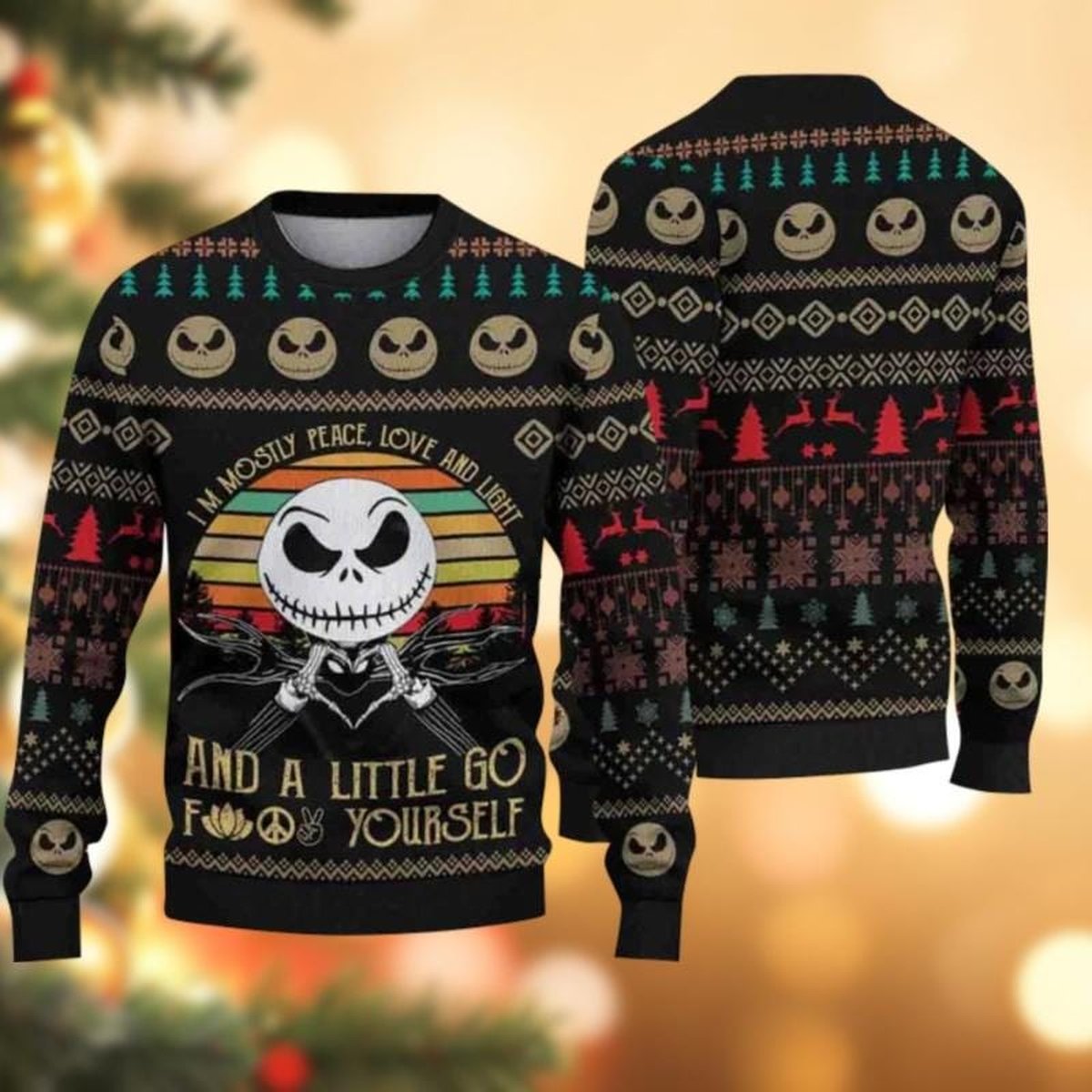 Jack Skellington Halloween Black Ugly Sweater Peace Love Retro Sunset Knit Jumper