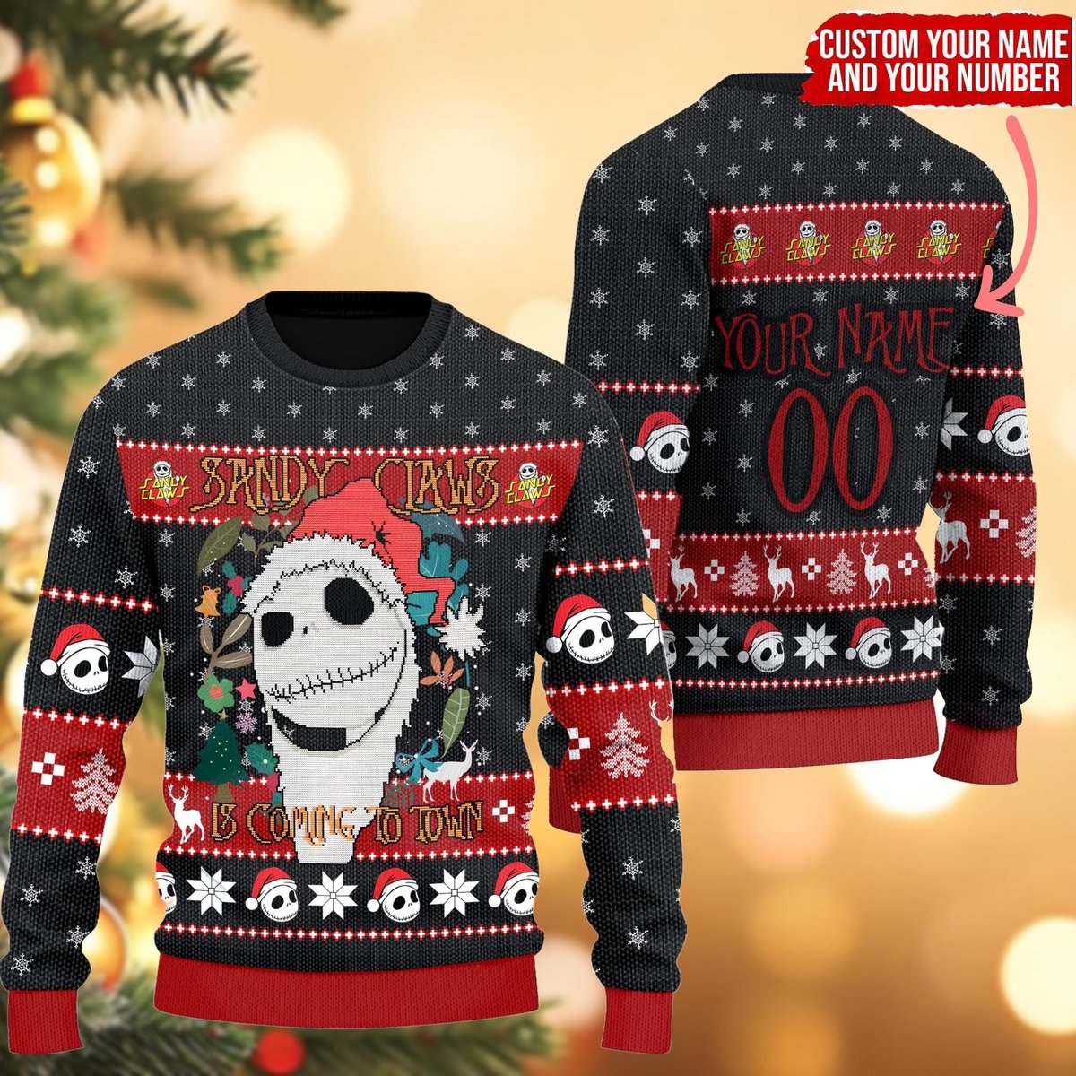 Jack Skellington Sandy Claws Custom Name Christmas Black Ugly Sweater Personalized Holiday Knit Jumper