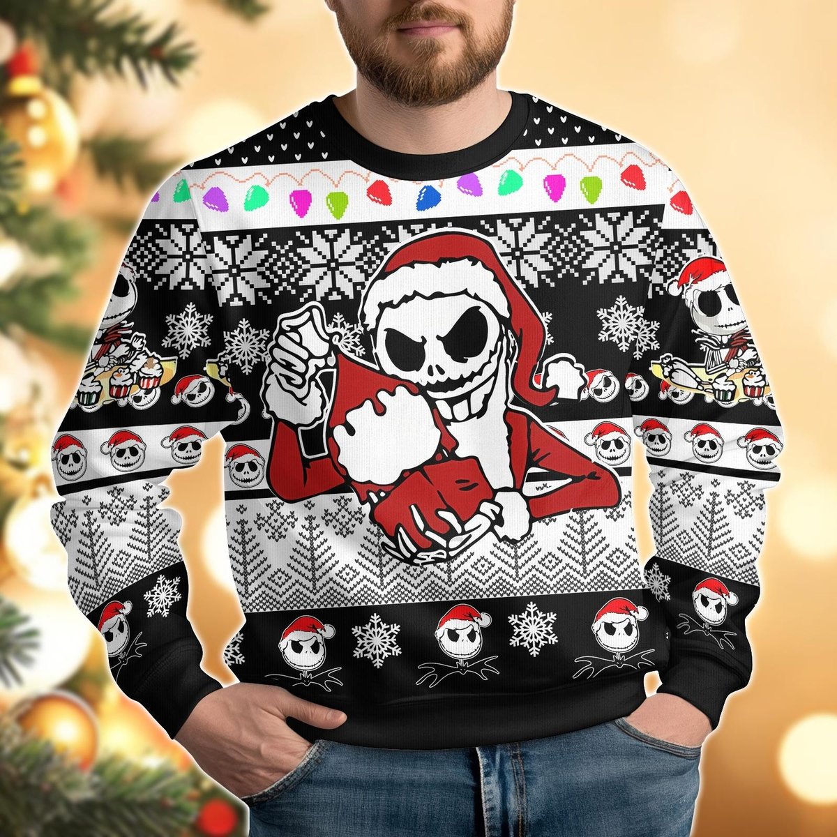 Jack Skellington Santa Lights Black Ugly Christmas Sweater Funny Holiday Pattern Knit Jumper