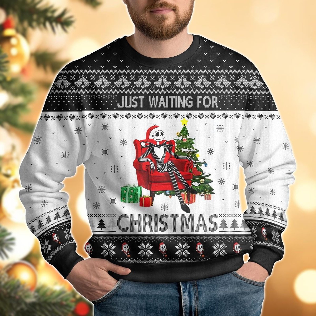 Jack Skellington Waiting for Christmas White Ugly Sweater Funny Holiday Chair Scene Knit Jumper