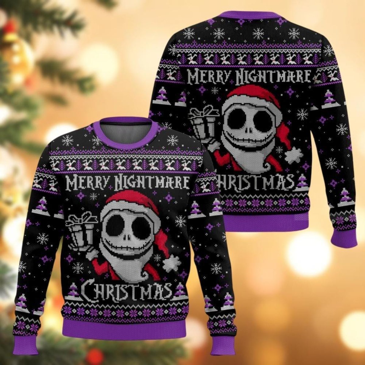 Merry Nightmare Christmas Black Ugly Sweater Jack Skellington Purple Trim Holiday Knit Jumper